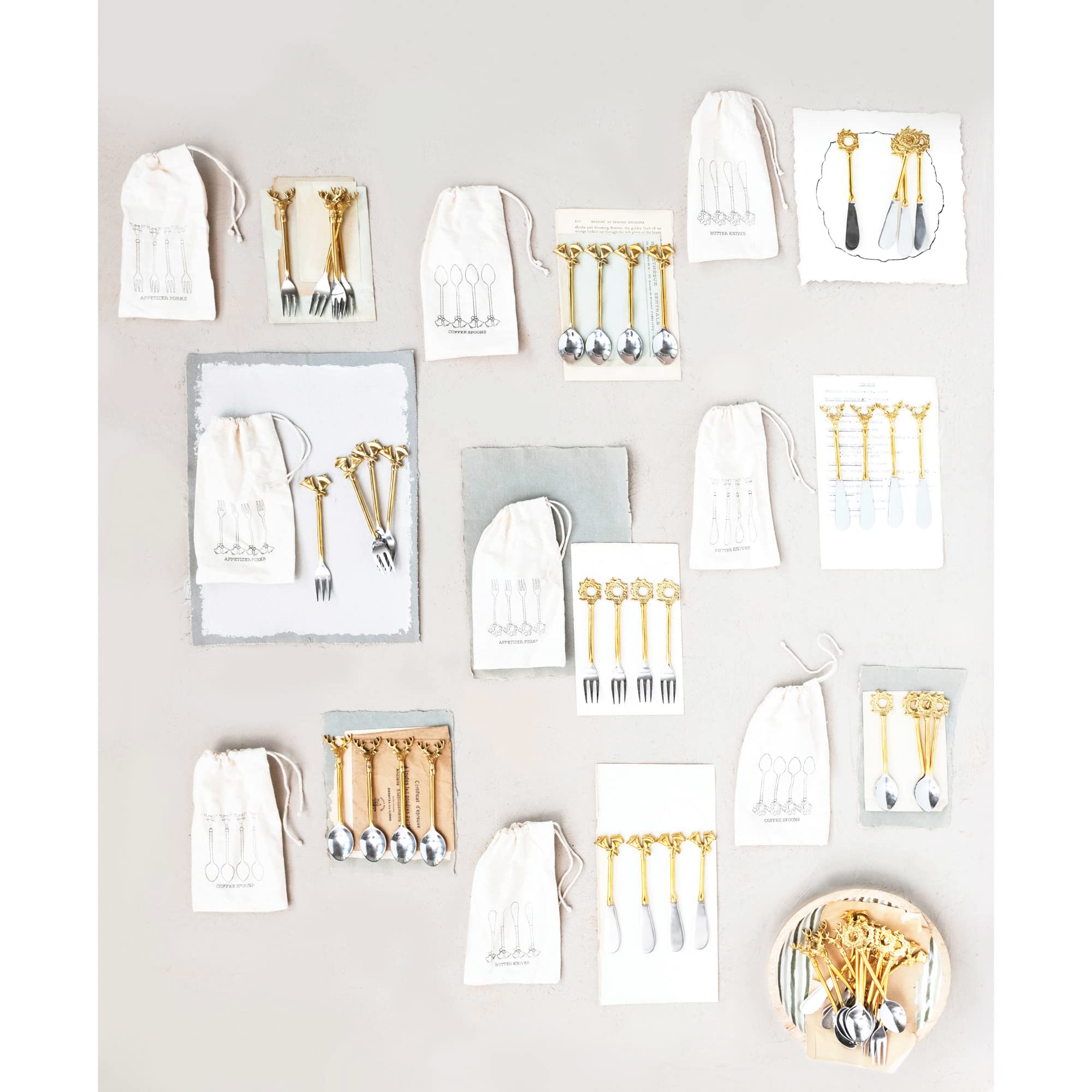 Creative Co-Op Stainless Steel and Brass Forks with Gold Finish Reindeer Handles, Set of 4 in Printed Drawstring Bag