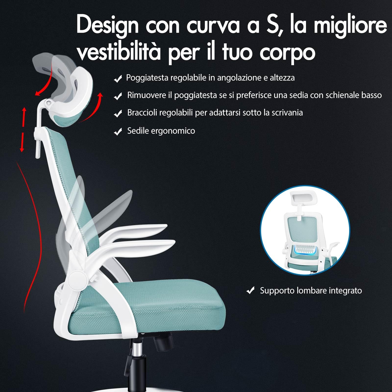 ALFORDSON Sedia da Ufficio, Poltrone con Poggiatesta, Sedia da Scrivania per Computer con Supporto Lombare, Sedia Girevole per Home Office, Ciano