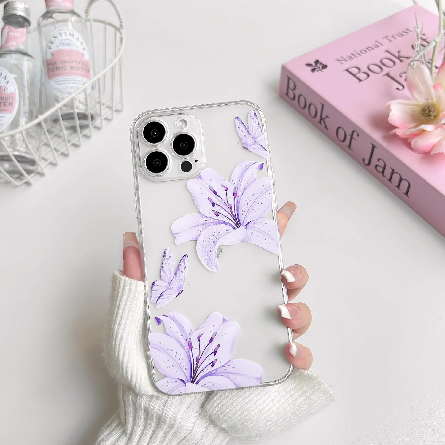 NITITOP Compatible with iPhone 13 Pro Max Case Clear Cute Butterfly Lily Flower Floral Pattern for Women Girls Full Camera Lens Clear Slim Shockproof Protective Phone Cover - Light Purple - Image 4