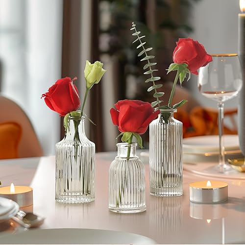 Miniatura 7 de ComSaf Juego de 3 jarrones de cristal, pequeños jarrones a granel, mini jarrones acanalados para centros de mesa, jarrón vintage transparente para