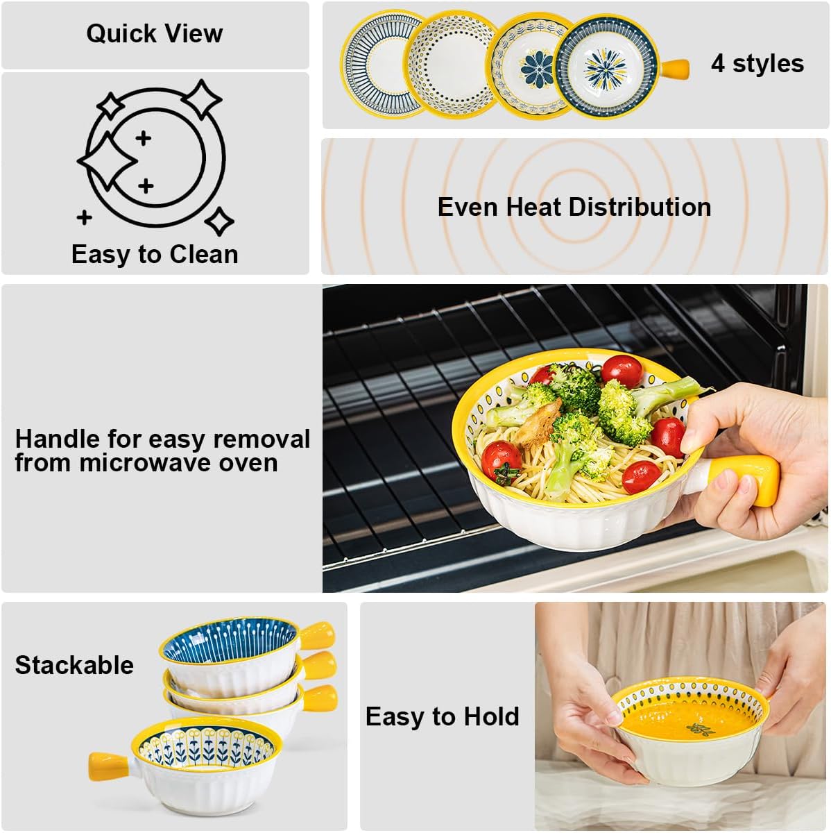 Yeacccng Bundle-2 items Pasta Bowls Set of 4, Soup Bowls with Handles, Scratch-Resistant, Lead-Free, Dishwasher & Microwave Safe, Easy Clean