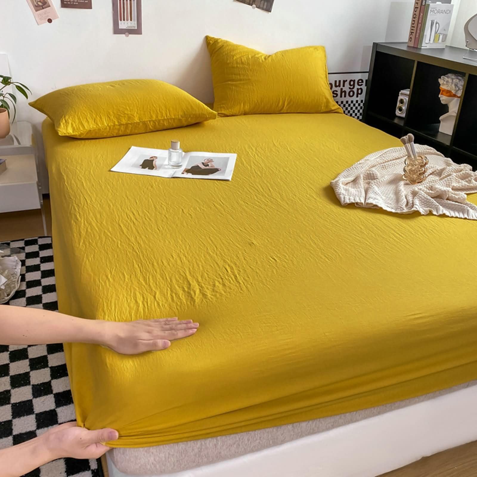 Lenzuola Singolo Angoli Cotone Lavato, Tinta Unita, 90 x 200 CM, Giallo