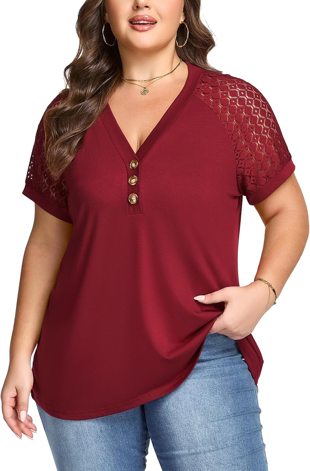 Plus Size Tops for Women Casual Lace Short Sleeve Summer Shirts Loose Fit Button Down Blouse Shirt