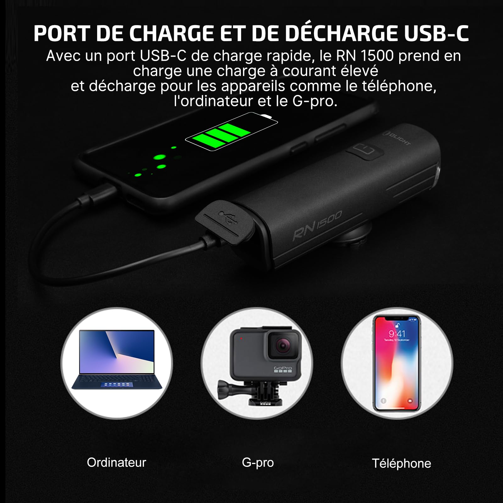 OLIGHT RN1500 Éclairage Vélo Étanche Lampe Avant Vélo Puissante 1500 Lumens Portée 164 Mètres avec Batterie pour Cyclysme VTT, Bicyclette etc