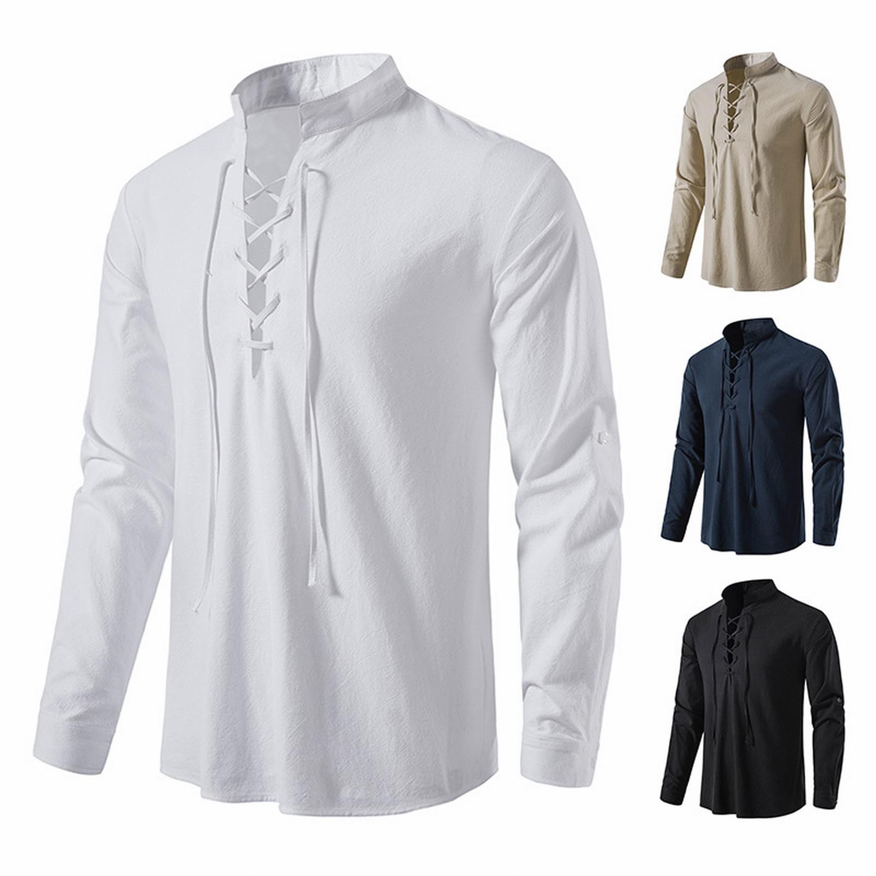 Hombre Camisa de Lino Retro Medieval Shirt Casual Estilo Punk Manga Larga Traje de Pirata Halloween