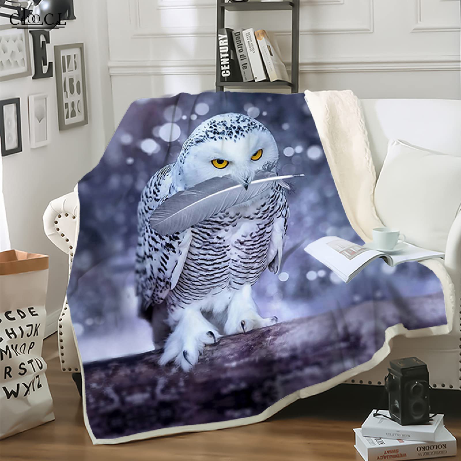 NDXRWDZR Blanket Blue Snowy Owl Fleece Blanket for Bed Sofa Couch Soft Warm Microfiber Fluffy Blanket Throw Blanket Gifts for Women Kids Teens Adults 220x240cm