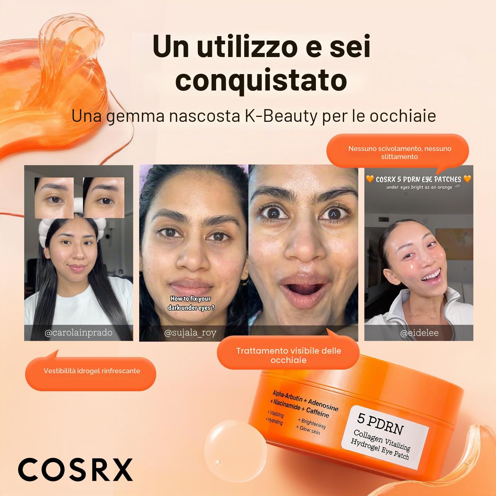 COSRX 5 PDRN Collagen Vitalizing Hydrogel Eye Patch, 60 cerotti, cerotti decongestionanti sotto gli occhi con PDRN, collagene, maschere per gli occhi per una zona degli occhi più liscia e dall'aspetto