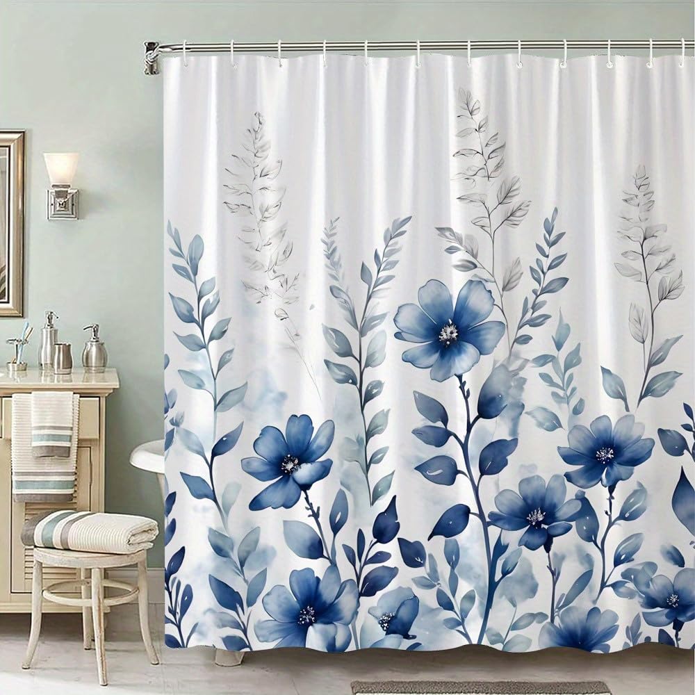 Rideau de douche floral bleu pour une salle de bain moderne et zen