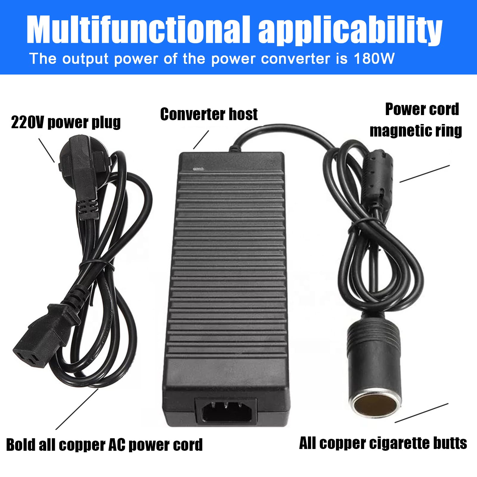 Convertitore di tensione da 220 V a 12 V: 180 W/15 A Adattatore di alimentazione per auto, inverter, ventola integrata con adattatore per presa accendisigari, frigorifero per auto (180 pezzi)