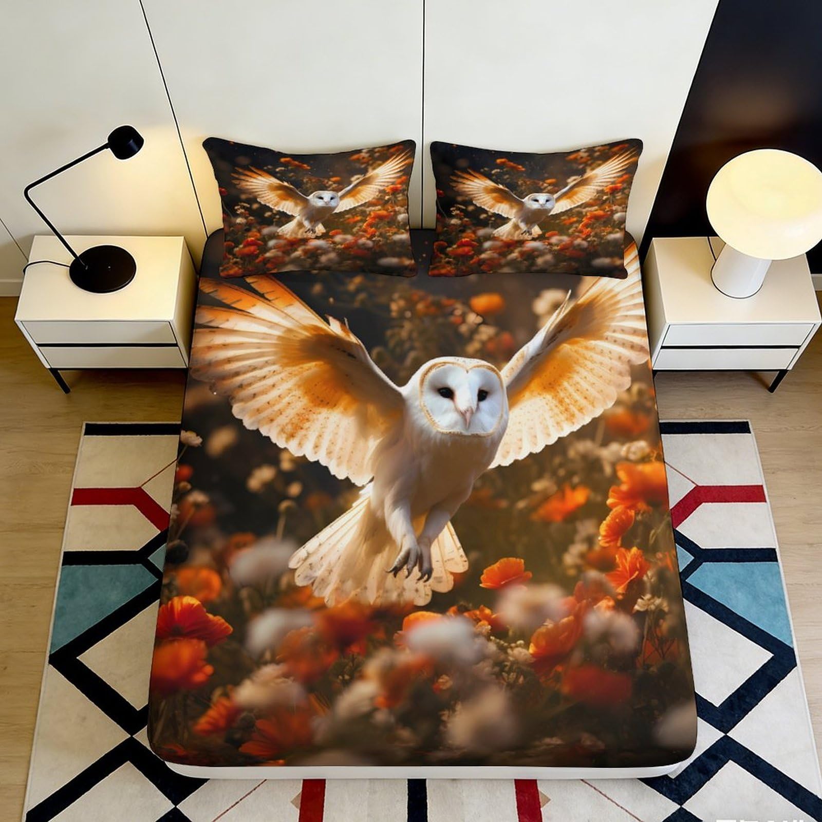 3D Printed Owl Forest Fitted Sheet Microfiber Soft Anti-Slip Autumn Leaves Mattress Cover for Bedroom Dorm Decor 90x200x25cm
