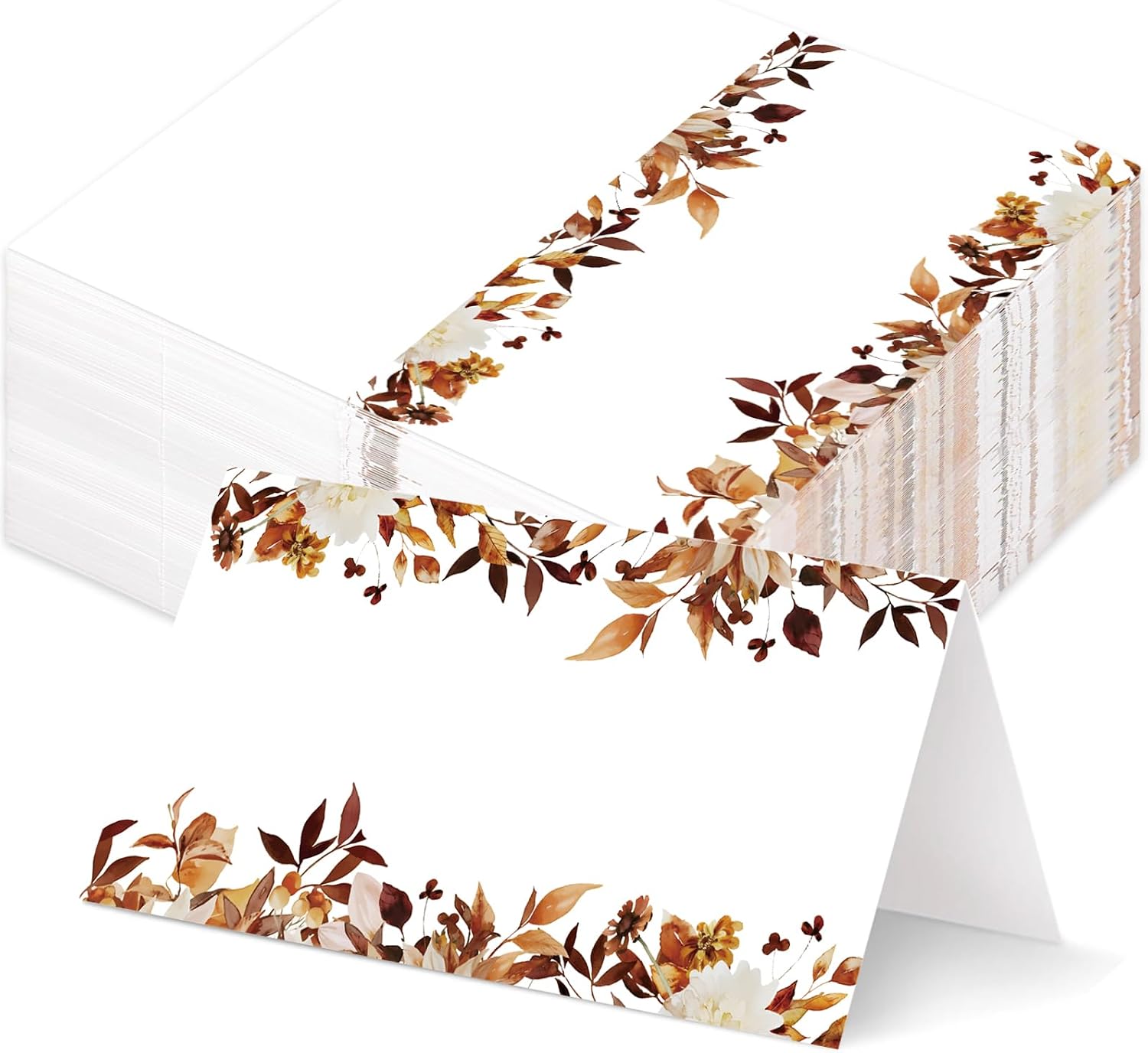 Whaline 100Pcs Fall Place Card 2 x 3.5 Inch Watercolor Floral Leaves Tent Name Cards Retro Boho Blank Seat Assignment Cards for Autumn Party Table Setting Supplies