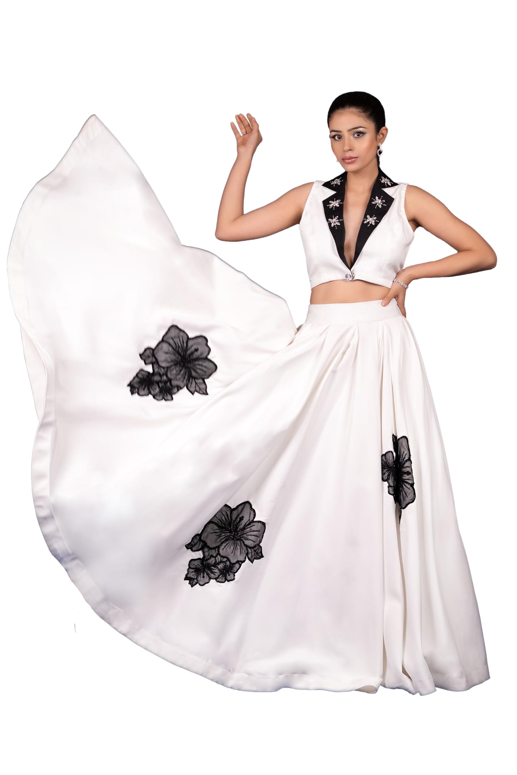 Embellished Sleeveless Waistcoat and Long Skirt with Flower Patches