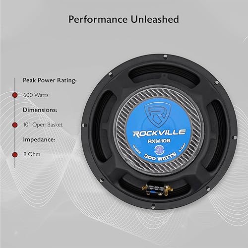 Miniatura 5 de Rockville RXM108 10" 600 vatios 8 ohmios SPL altavoz de bajo medio de rango medio para automóvil con bala