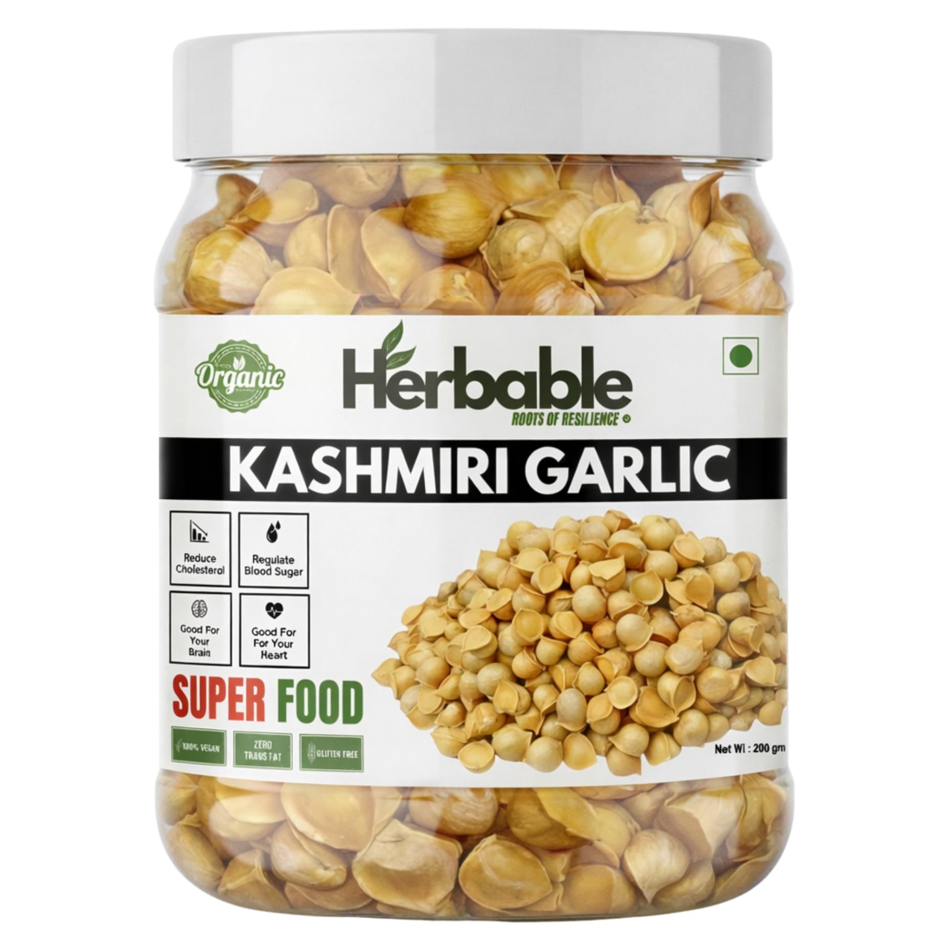 Herbable Kashmiri Lehsun (200g) | Premium Kashmiri Garlic Pods | 100% Natural & Pure | Gluten Free | Zero Cholesterol | Traditionally Valued Himalayan Garlic - Jar Pack | Pack Of 1