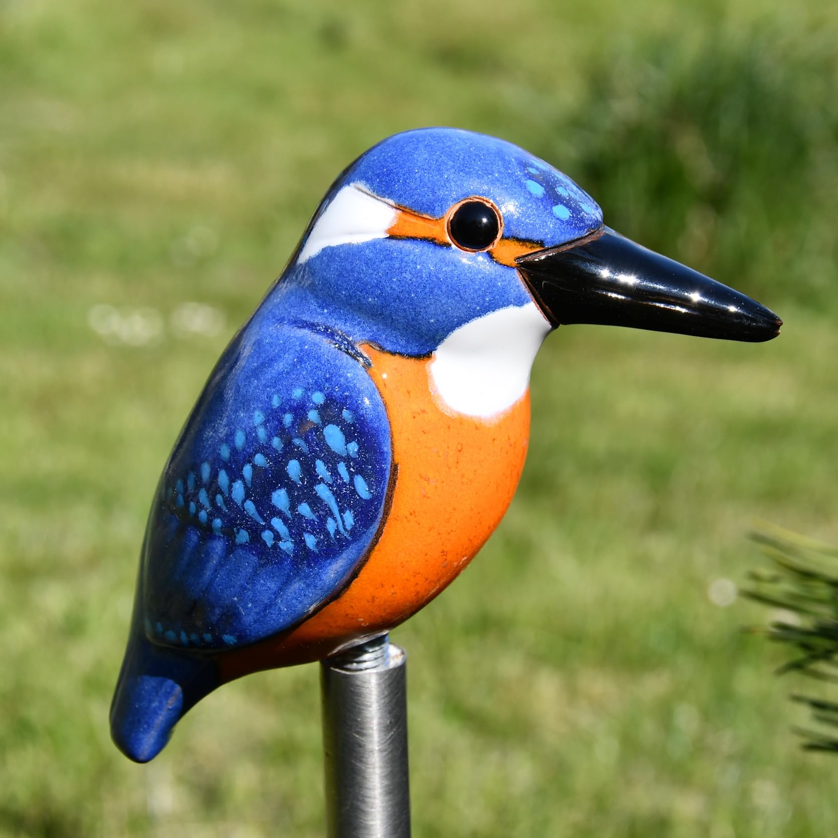 Gartenstecker Keramik Handgefertigt - Gartendeko für Draußen Wetterfest - Garten Deko Keramik - Vogel Gartenfiguren & Gartenstatuen - Eisvogel