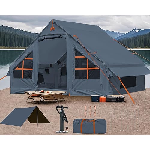 Inflatable Camping Tent, 2/4/6/8 Person Glamping Inflatable Tents for Camping, 2025 Update Zipper Door Easy Setup Blow Up Tents Big House with Rainfly&Mosquito Screen, 4 Season