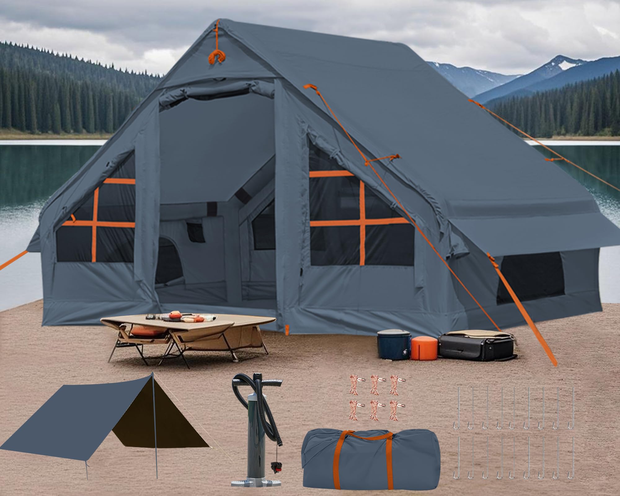 Aufblasbares Campingzelt, aufblasbare Glamping-Zelte für 2/4/6/8 Personen zum Campen, 2025 Update Reißverschlusstür Einfacher Aufbau Aufblasbare Zelte Großes Haus mit Regenschutz und Moskitonetz
