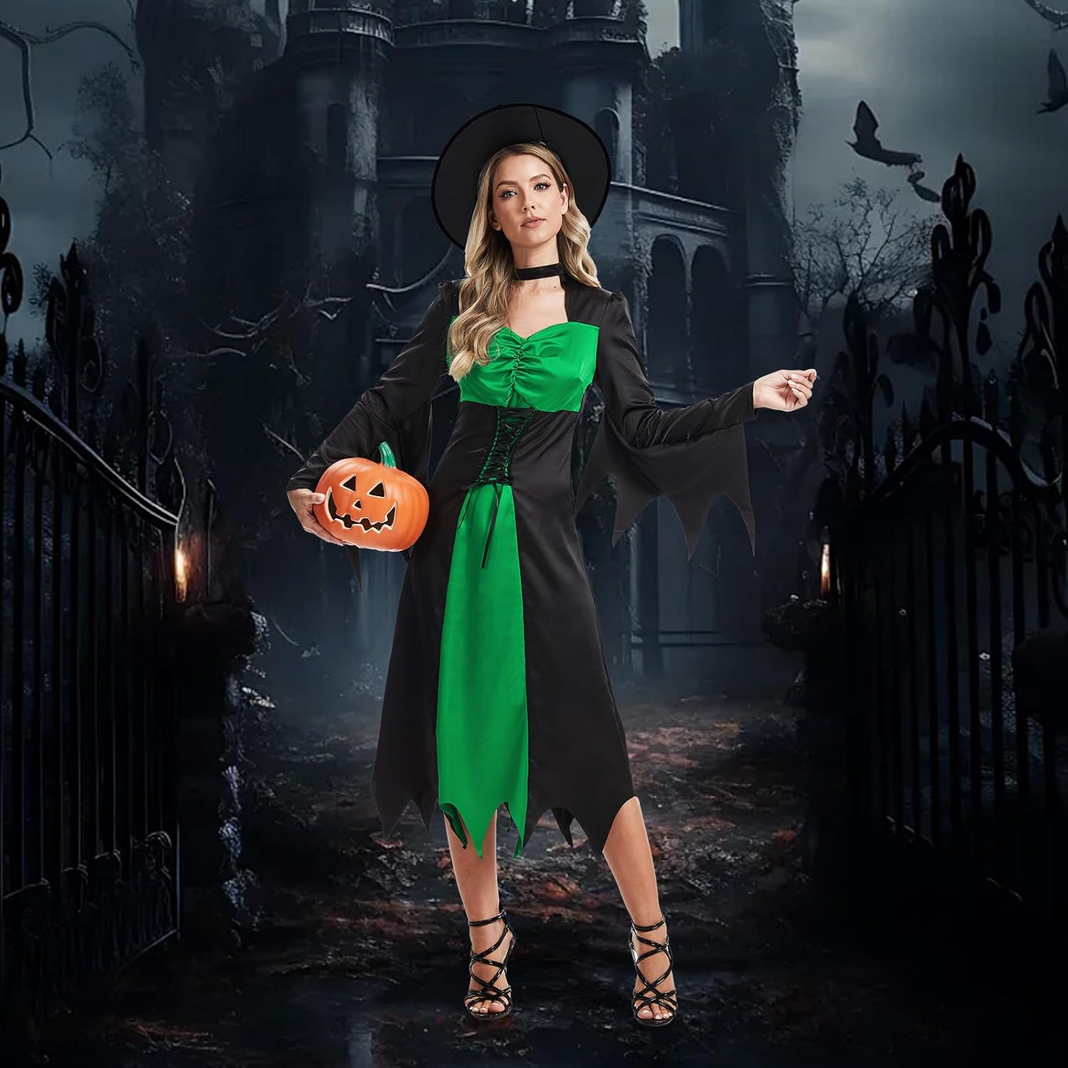 Witch Costume Women Wicked Witch Dress with Hat Halloween Adult Vampire Costumes for Women - Image 4