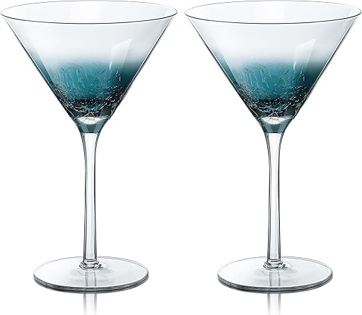 Joeyan Handmade Blue Crackle Martini Glasses,11 oz Crystal Cocktail Glassware,Drinking Glasses for Espresso Martini Cosmopolitan Manhattan Gimlet,Set of 2