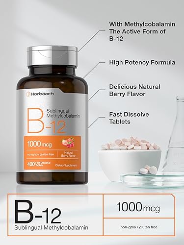 Vista 4 de Horbaach Vitamina B12 1000 mcg Sublingual 400 tabletas de disolución rápida Suplemento de metilcobalamina para mujeres y hombres Sabor a bayas