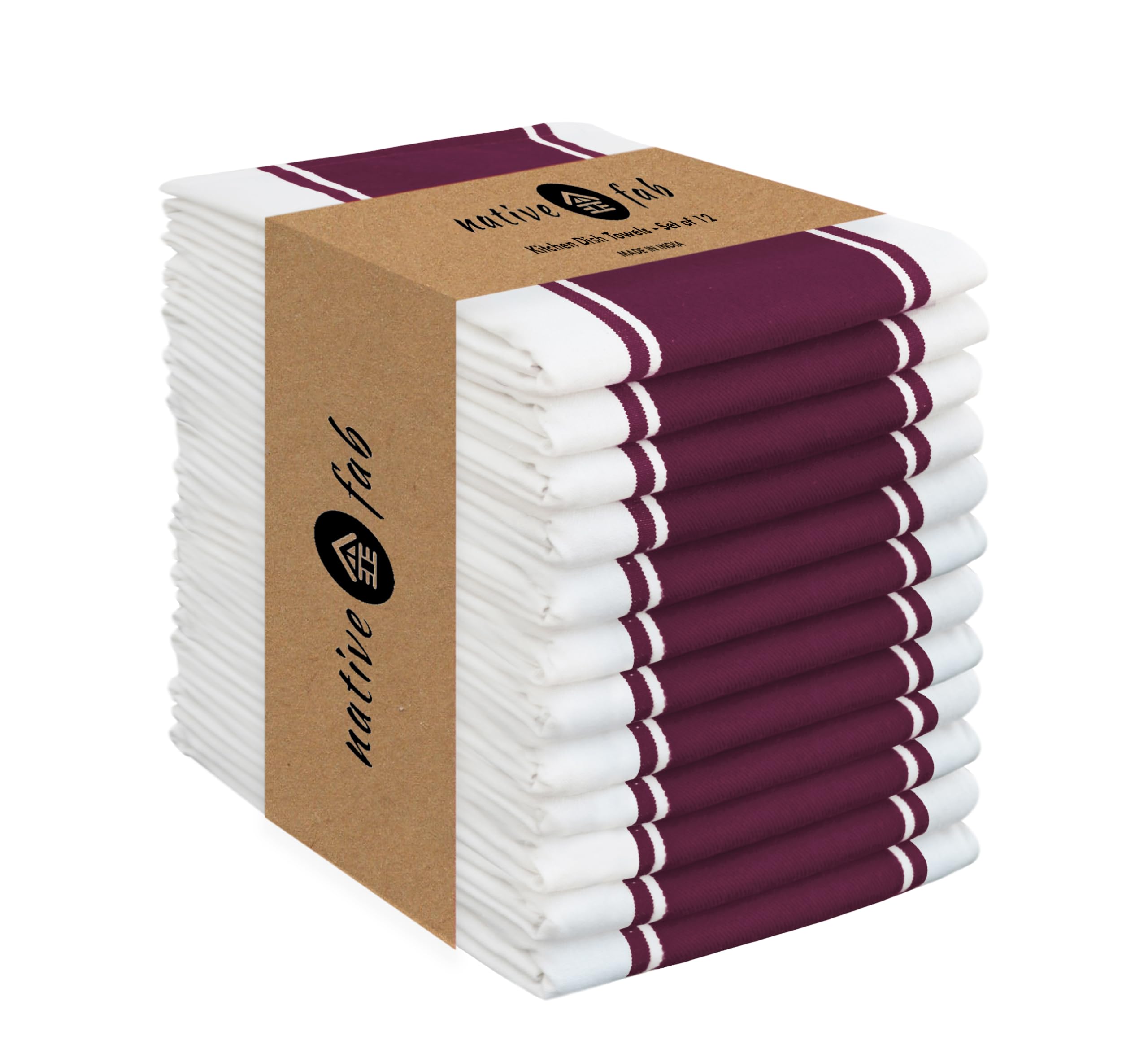 Native Fab Farmhouse Kitchen Towels 18"x28", 12 Pack, Wide Stripe, Super Absorbent, Quick Dry, 100% Cotton Towels for Hand, Dishes Drying, Cleaning Dishcloth Set with Hanging Loop - Burgundy (Maroon)