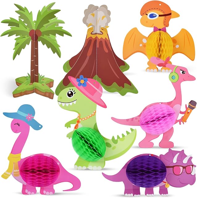 WERNNSAI 3D Dinosaur Party Centerpieces - 7 Pieces Honeycomb Centerpieces Volcano Coconut Tree T-Rex Dino Theme Table Topper Party Decorations for Kids Girl Birthday Baby Shower