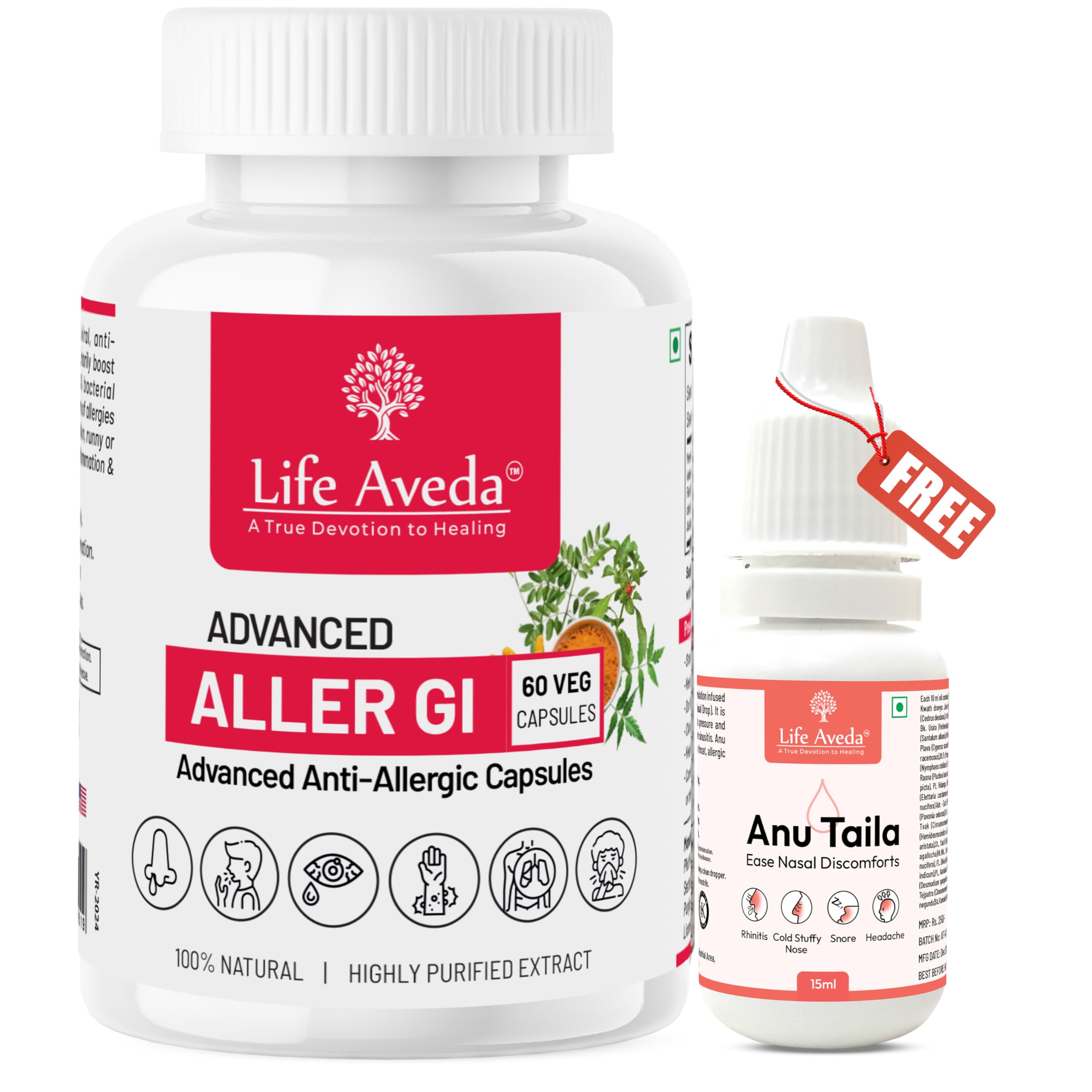 Life Aveda's 100% Natural Ayurvedic Plant Based Advanced Aller Gi Capsules for Rhinitis, Sinusitis, Skin Rashes And Immunity Booster - 60 Capsules (Pack of 1)
