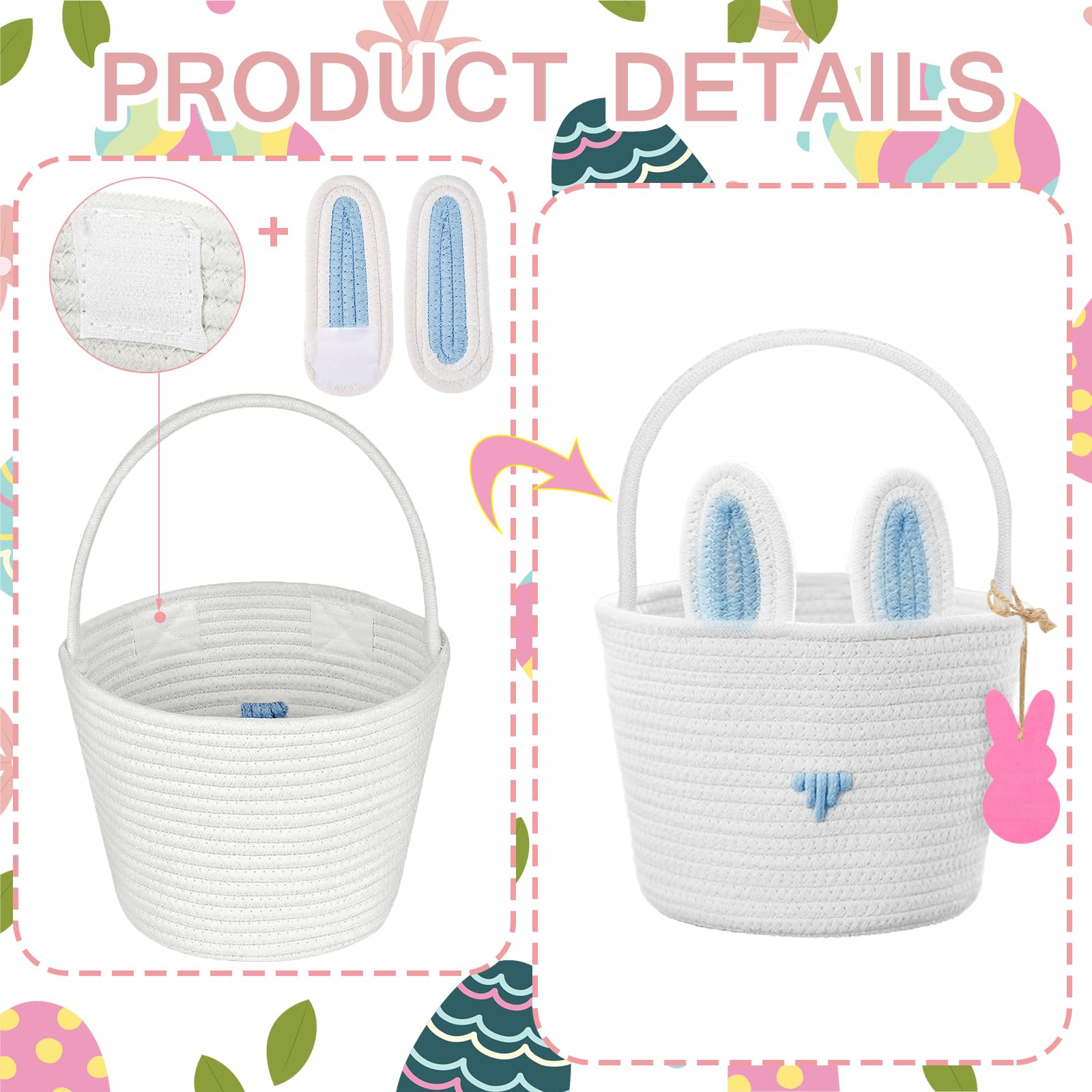Easter Basket For Boys Set Of 2 - Blue Bunny Woven Cotton Rope Basket With Grass & Personalized Wooden Name Tag - View #10