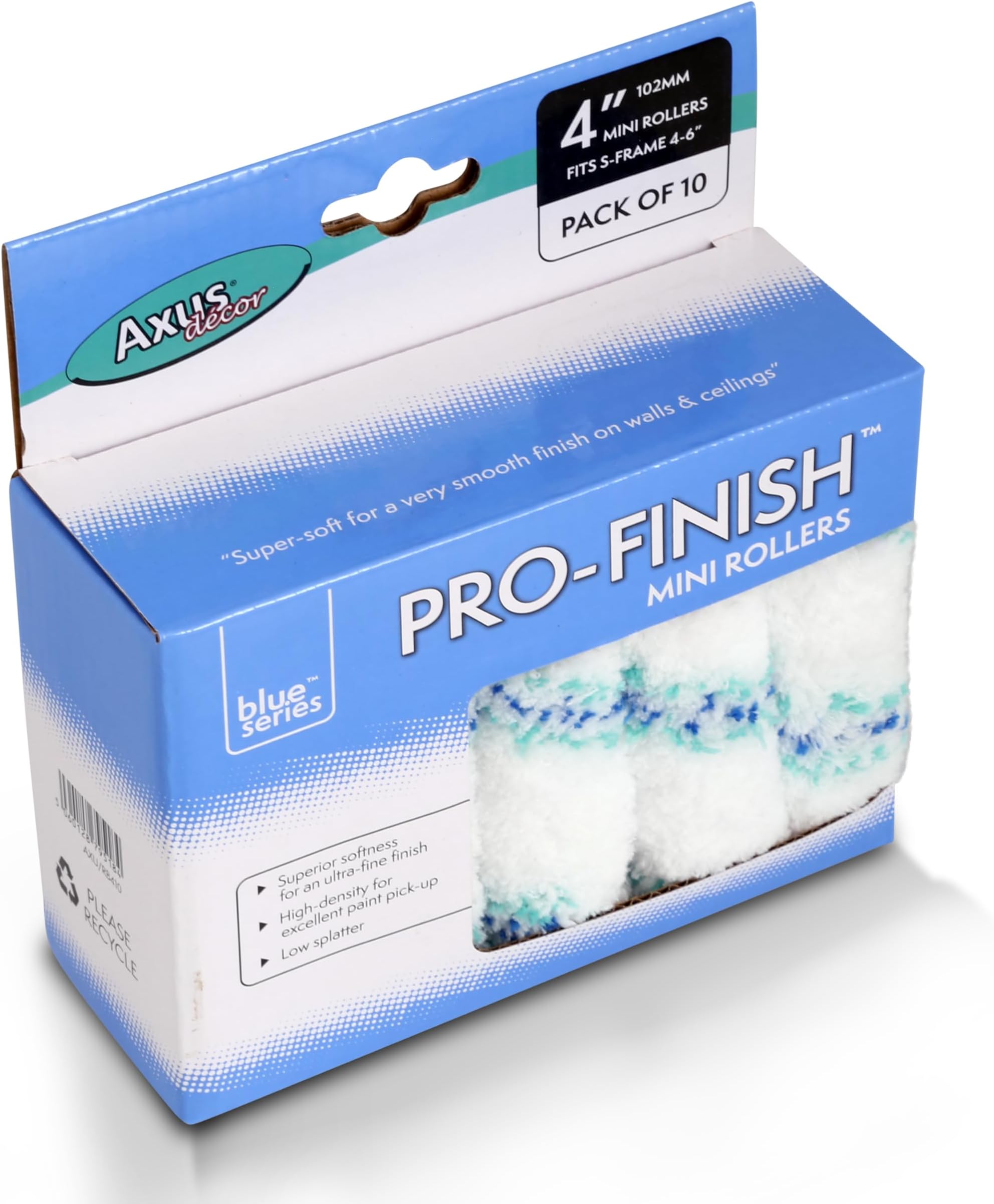 Axus Decor Pro-Finish Roller, Medium Pile (Blue Series) Ultra Fine Finish, Mini Roller Sleeves for Smooth Painting, Compatible with (6mm Rod), Professional Paint Sleeves - 4"/100mm, 10 Pack