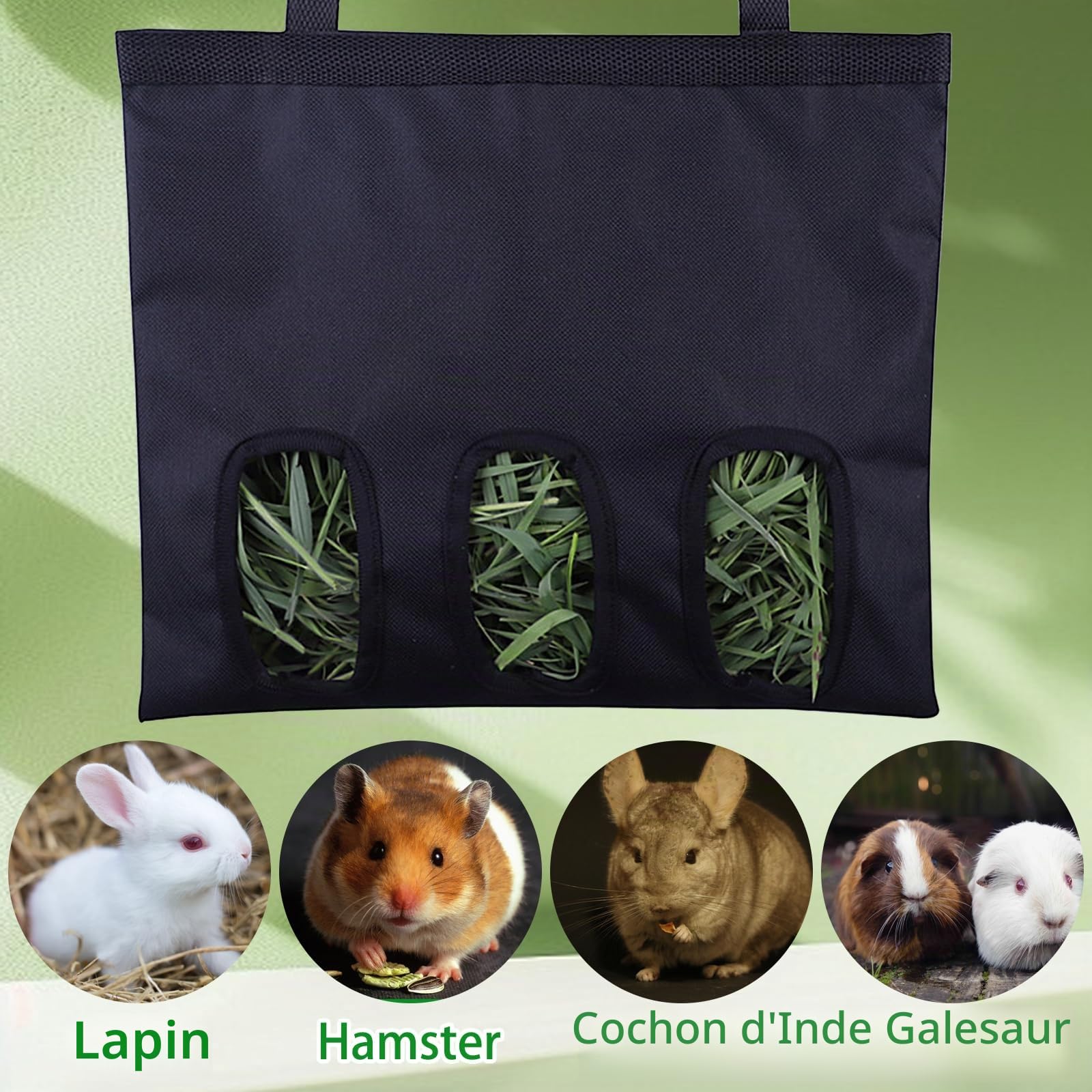 Mangeoire à Foin pour Lapin,Cochon d'Inde,Sac de Rangement,Lavable à Suspendre Automatique,Distributeur Pratique pour Petits Animaux pour Lapin,Chinchilla Hamster(3 Ouvertures)