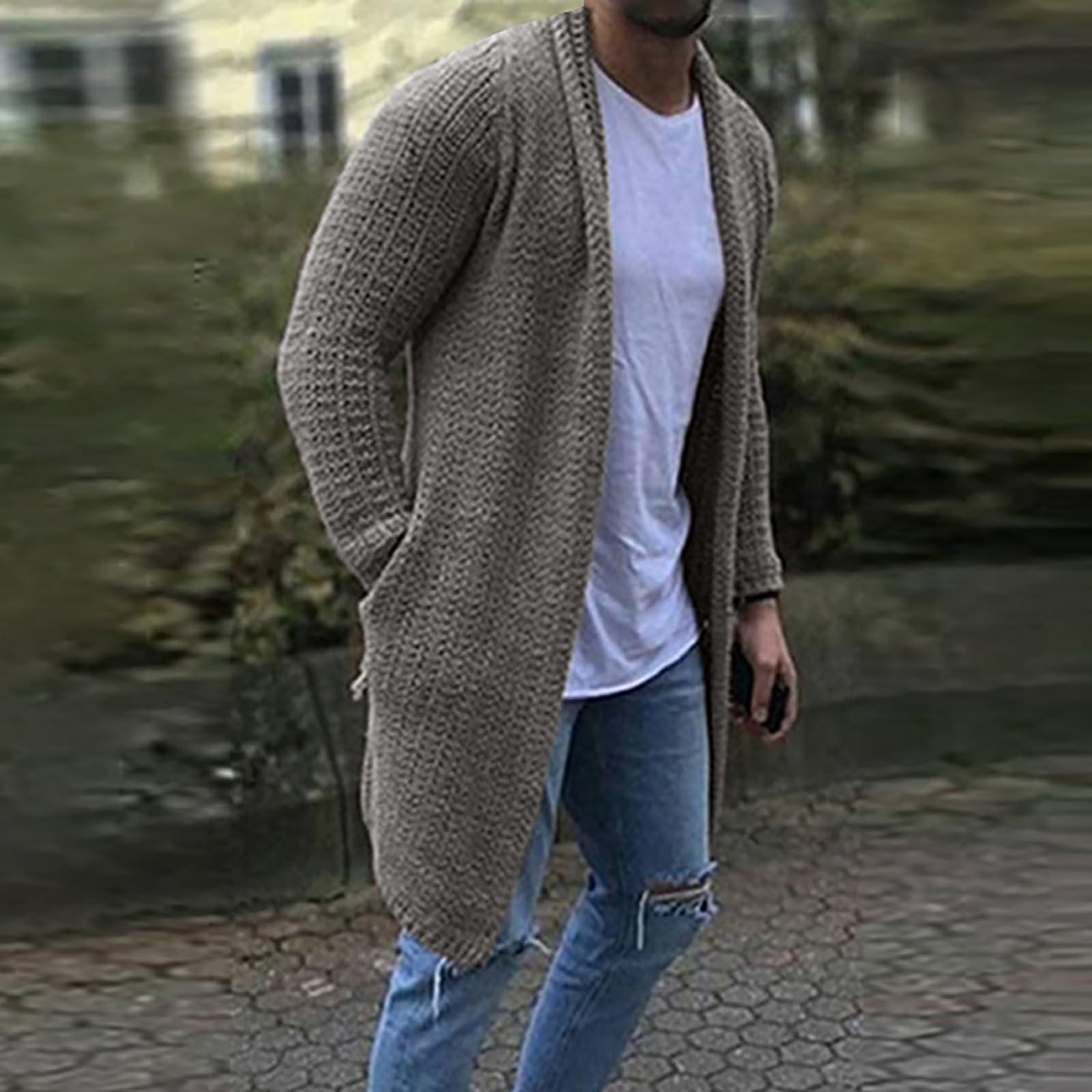 Cárdigan Largo Hombre con Cuello Chal Suéter Moderno de Punto con Volantes Capa Drapeada Elegante para Diario
