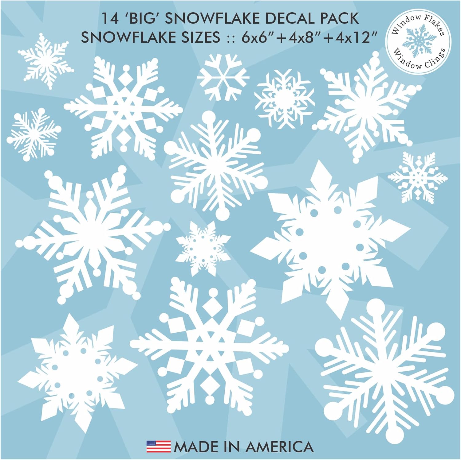 14 x Large Christmas Snowflake Window Cling Decals. Vinyl Snowflake Home Decor Decorations for Windows & Glass. Snowflake Christmas Holiday Winter Decor. Reusable. No Adhesive. Made in America.