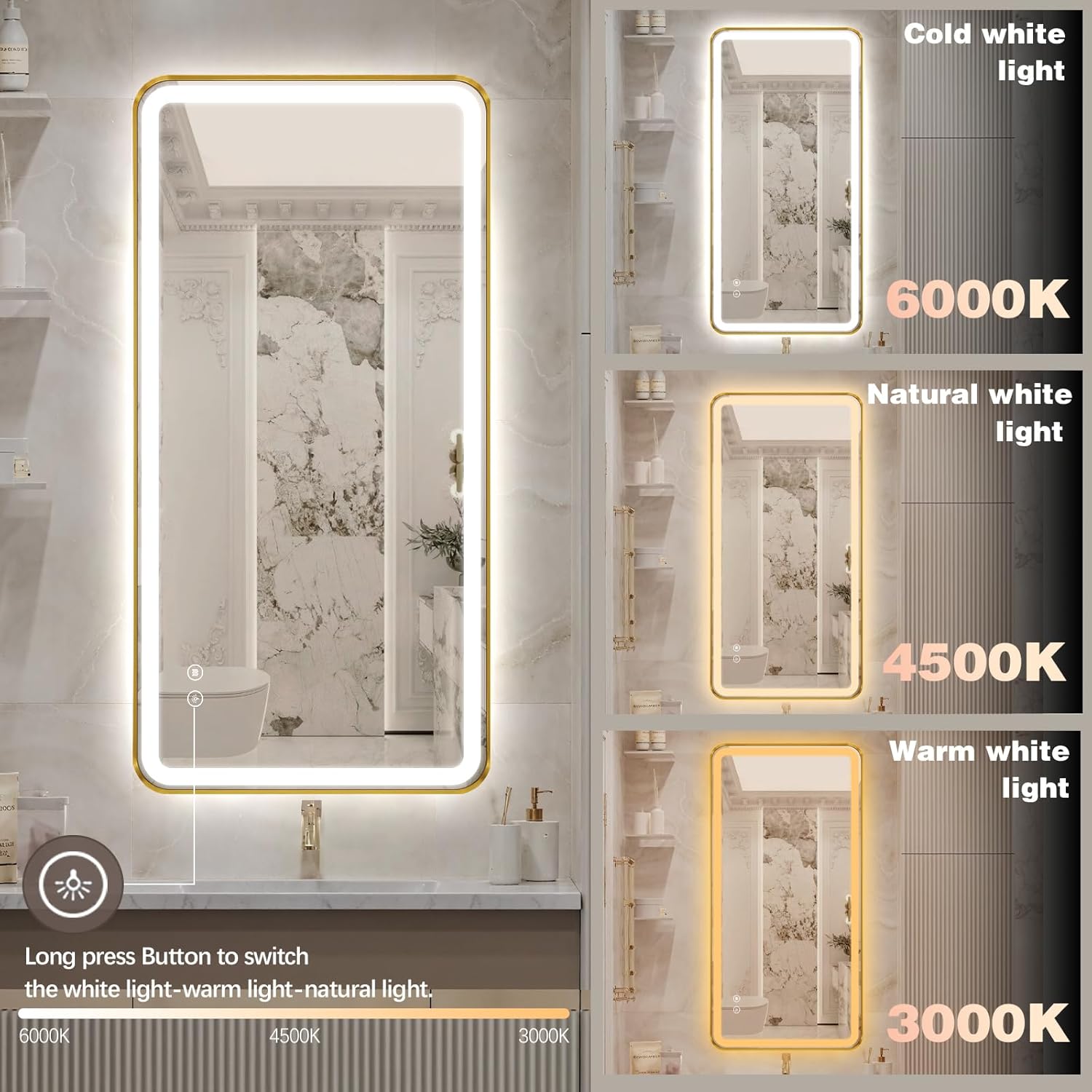 48"x24" Lighted Vanity Mirror with Lights, Gold Metal Frame Led Mirror for Bathroom, Anti-Fog Wall Mirror with Front and Backlit, Shatterproof, 3 Colors Stepless Dimmable, Horizontal/Vertical