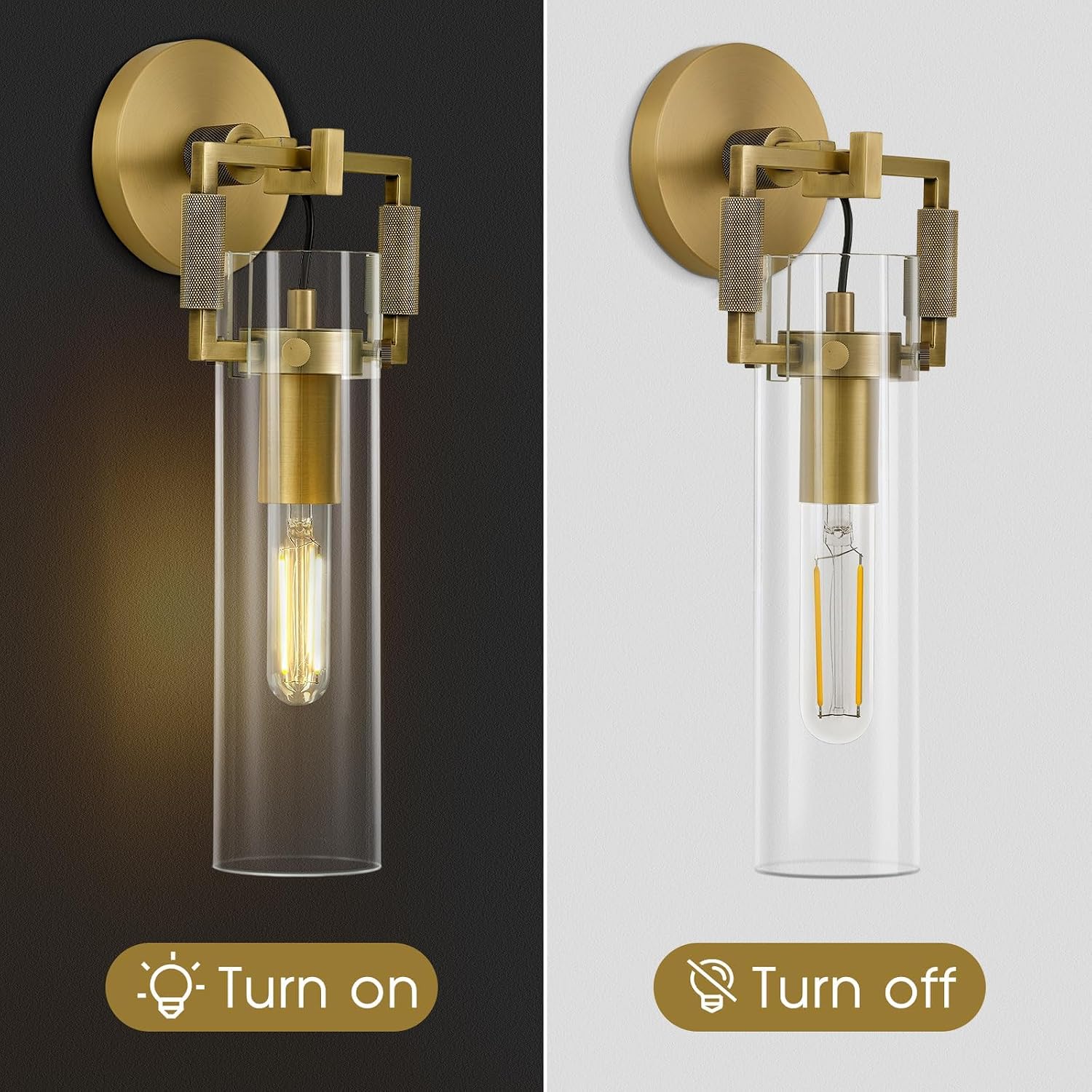 Modern Gold Indoor Wall Sconces Set of 2, 15'' knurled Brass Bathroom Wall Sconces, Glass Bathroom Vanity Light, for Living Room, Bedrooms, Hallway, Staircases, Include Bulb