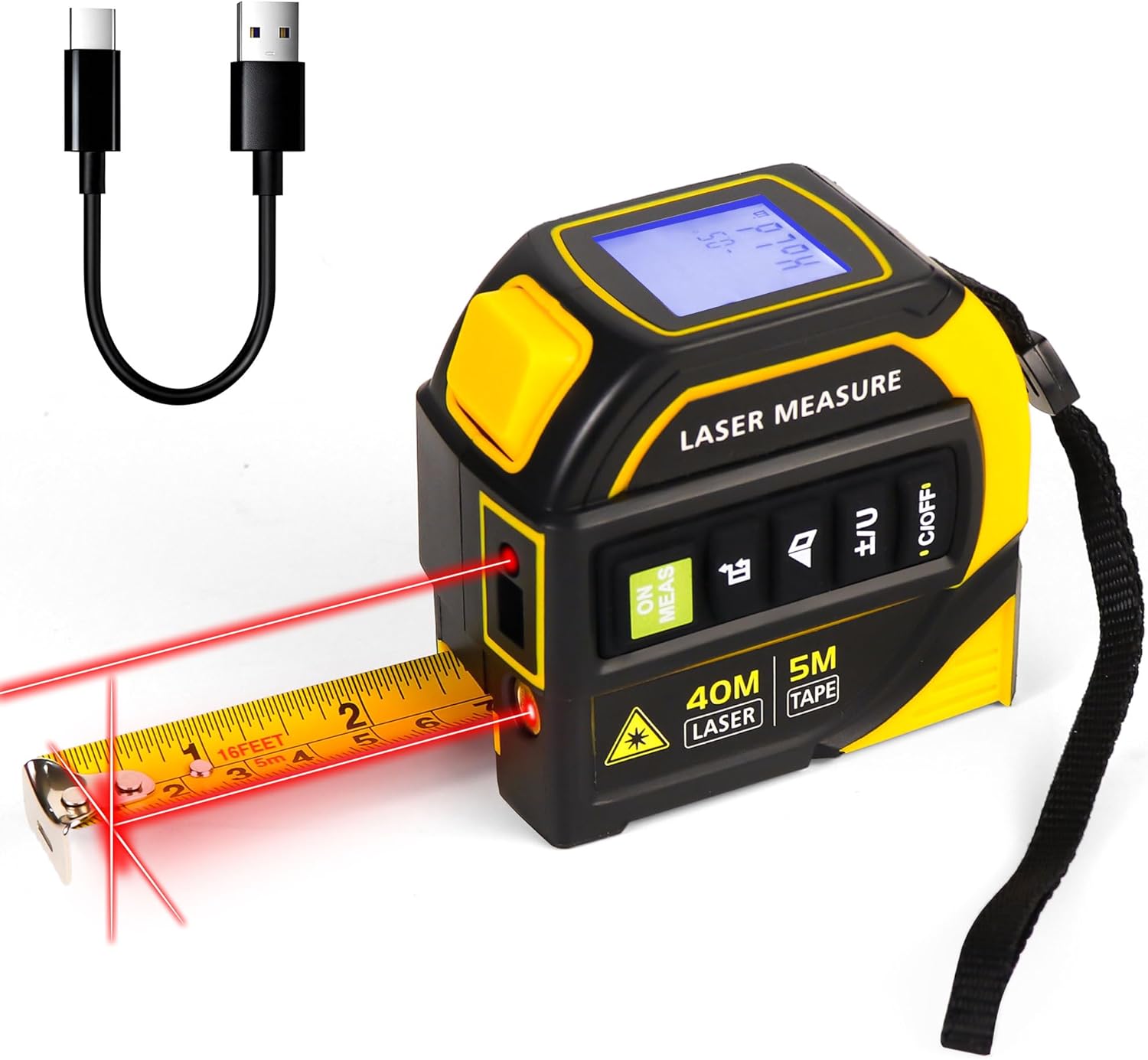4-in-1 Laser Tape Measure - Laser Level & Crosshairs, 130ft/40m +16ft/5m AutoLock Tape, AngleHold, Backlit LCD Ft/In/M, Area/Volume/Pythagorean, ClassII for DIY/Construction/Interior Design