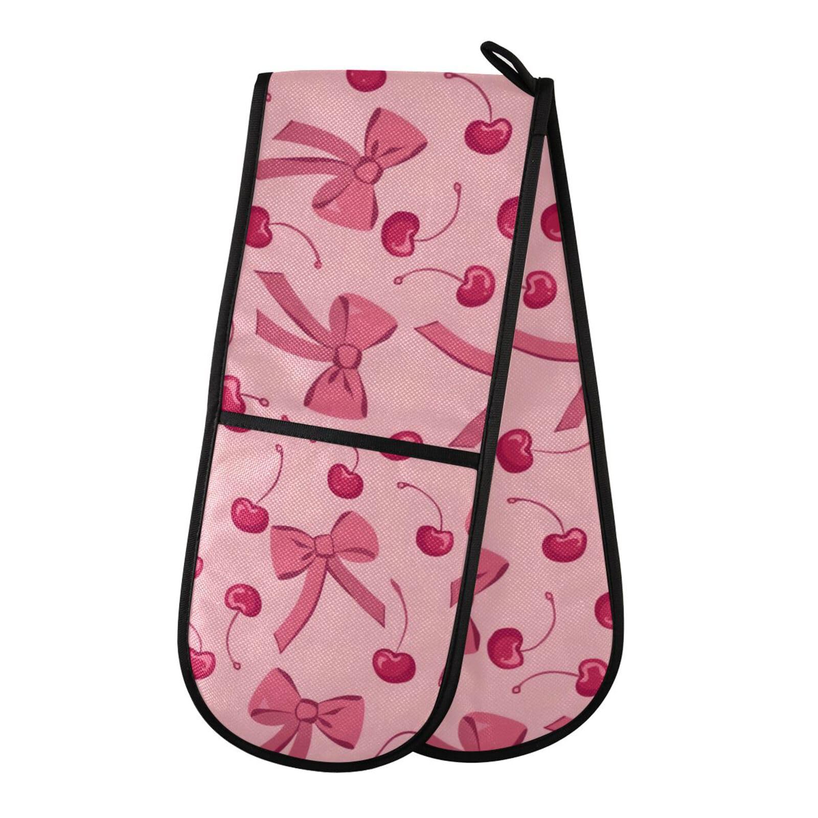Oven Gloves Double Oven Gloves Bow Cherry Pink Oven Mitts Pot Holder Heat Resistant Quilted for BBQ Baking Kitchen Cooking Gloves — image 1