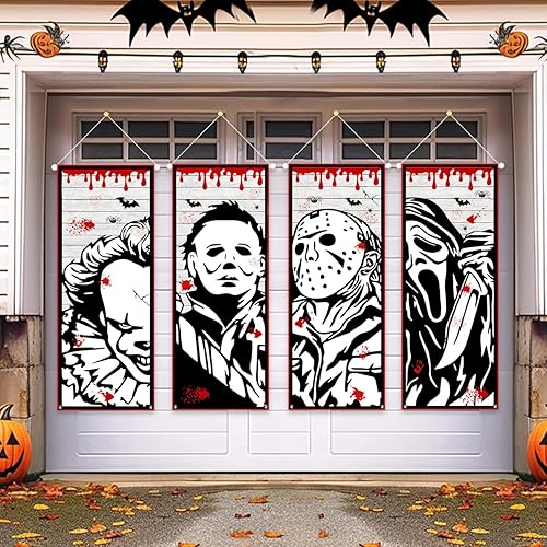 Horror Movie Character Halloween Decoration, Set of 4 Large Paintings Backdrop Bloody Red Stretching Portraits for Home Wall Door Decor Hanging Banner