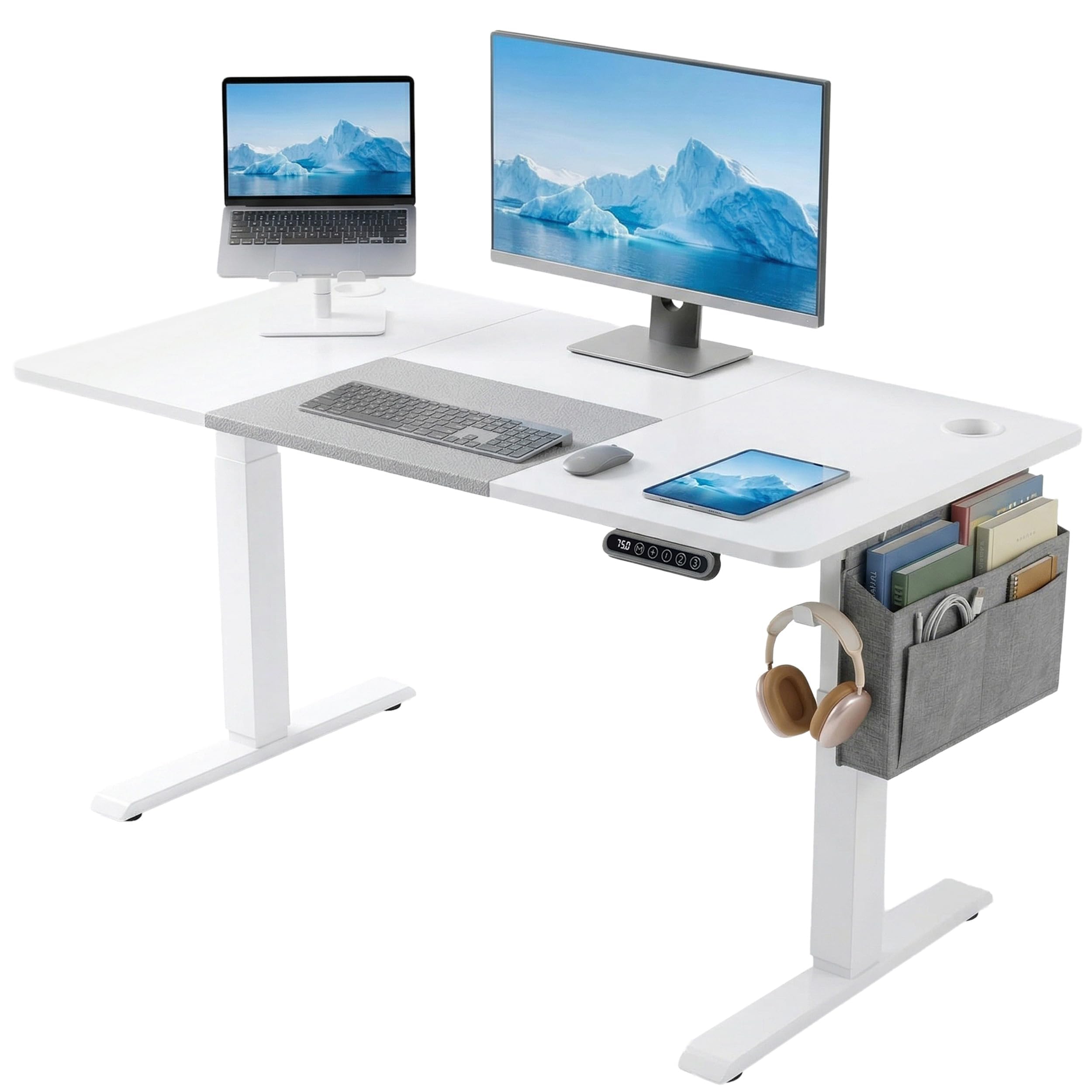 Blisswood Computer Standing Desk, Electric Height Adjustable 120 × 60cm, Sit Stand Office Desk with Memory Smart Panel, Industrial Design PC Gaming Metal Frame Table, Home Writing Workstation, White