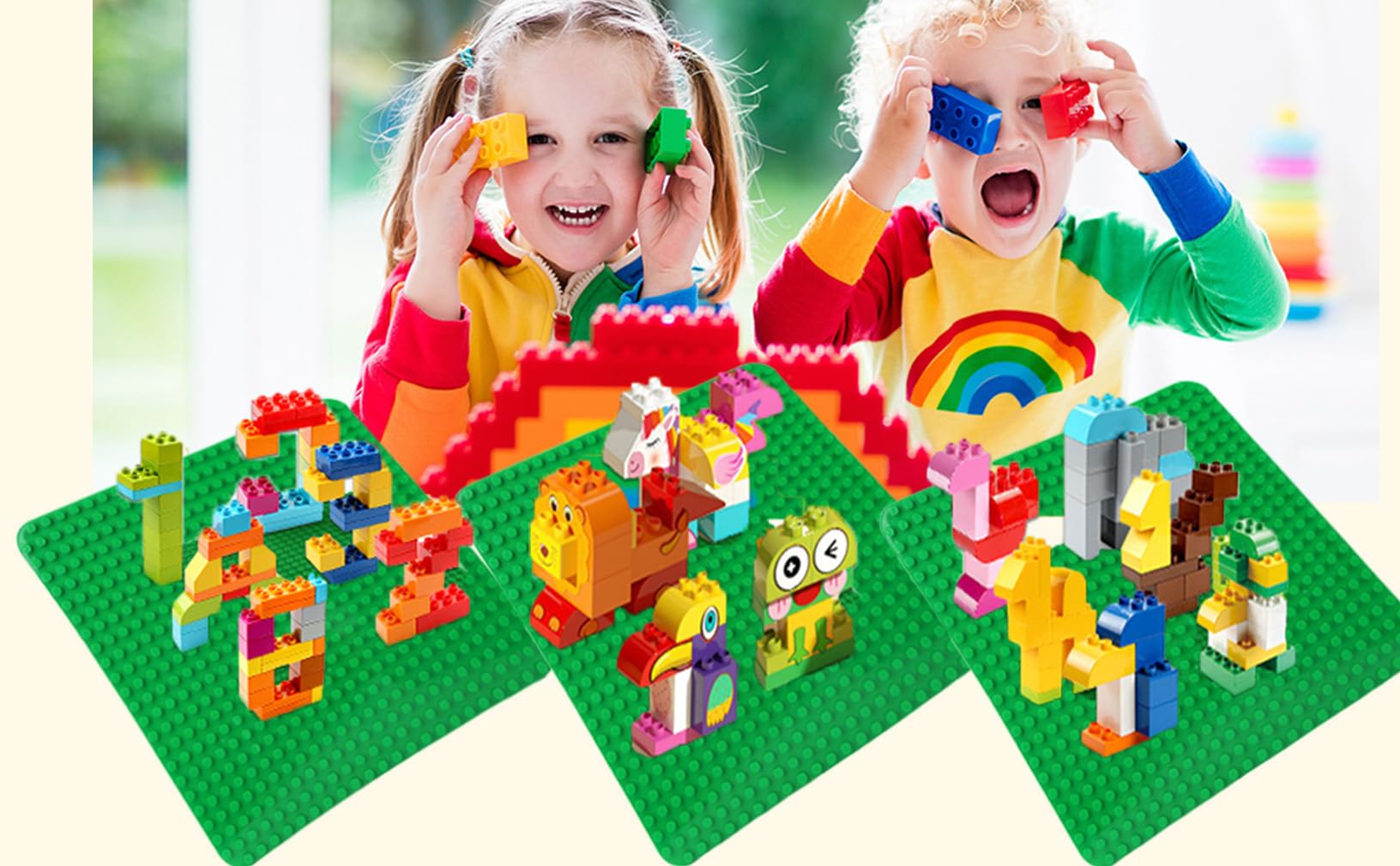 Grande piastra compatibile con piastre Lego Duplo, piastra di base classica per set DUPLO, 38 x 38 cm, set di piastre per giocattoli creativi prescolari, verde, grigio, verde chiaro (3 pezzi)