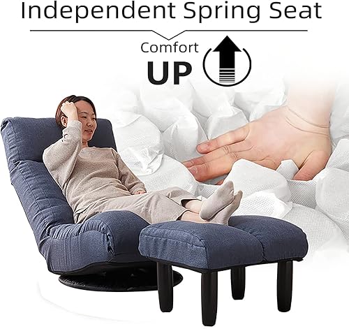 Miniatura 4 de Silla giratoria de 360 grados para juegos, silla de piso plegable con respaldo ajustable, tumbona acolchada para interiores con taburete, sofá