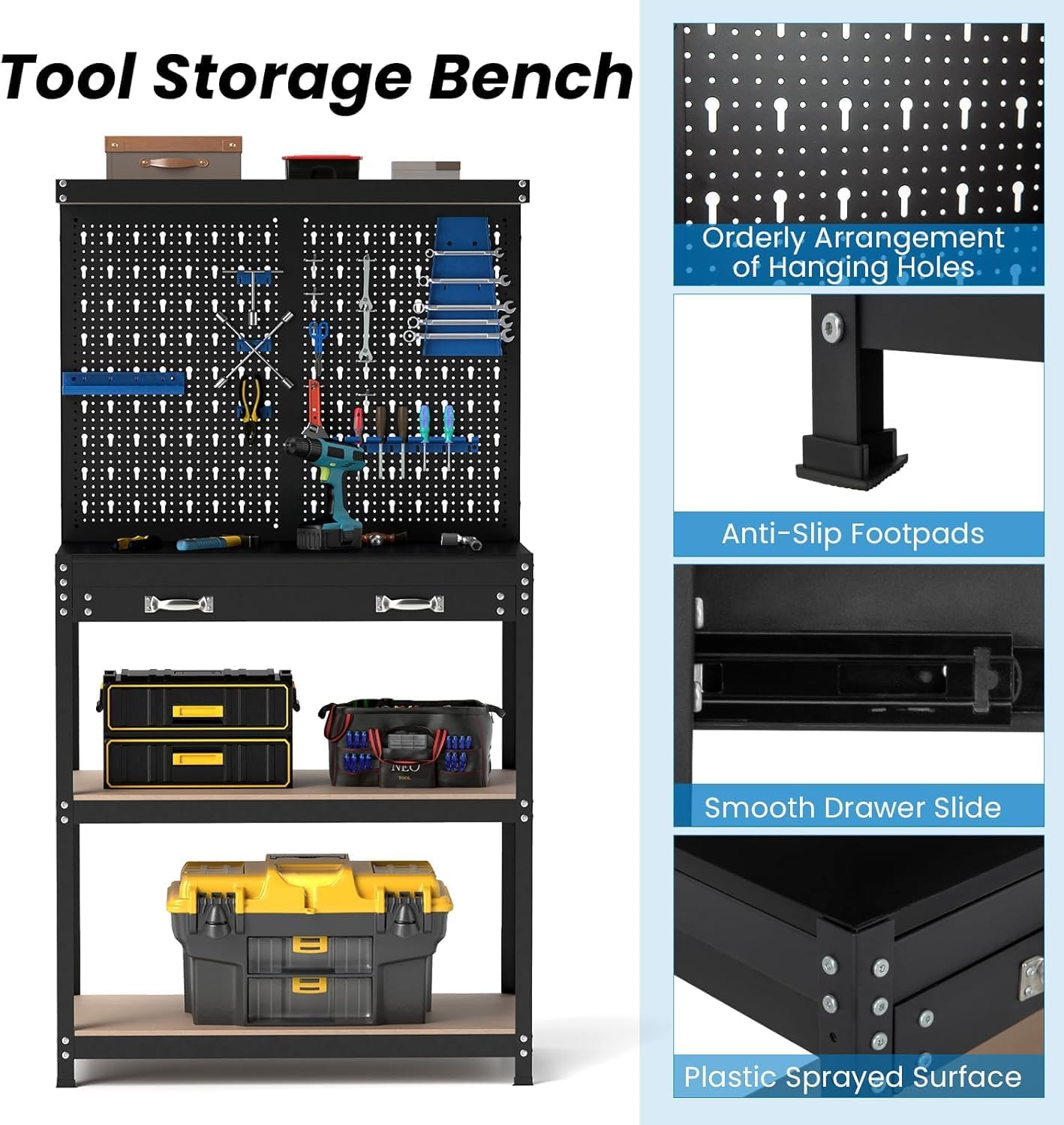 ERGOMASTER Work Bench with Drawers,Heavy Duty Garage Workbench with Pegboard, 965LBS Capacity Work Table for Garage, Home, Workshop, Auto Shop, Basement (Blue Standard Size With drawer)