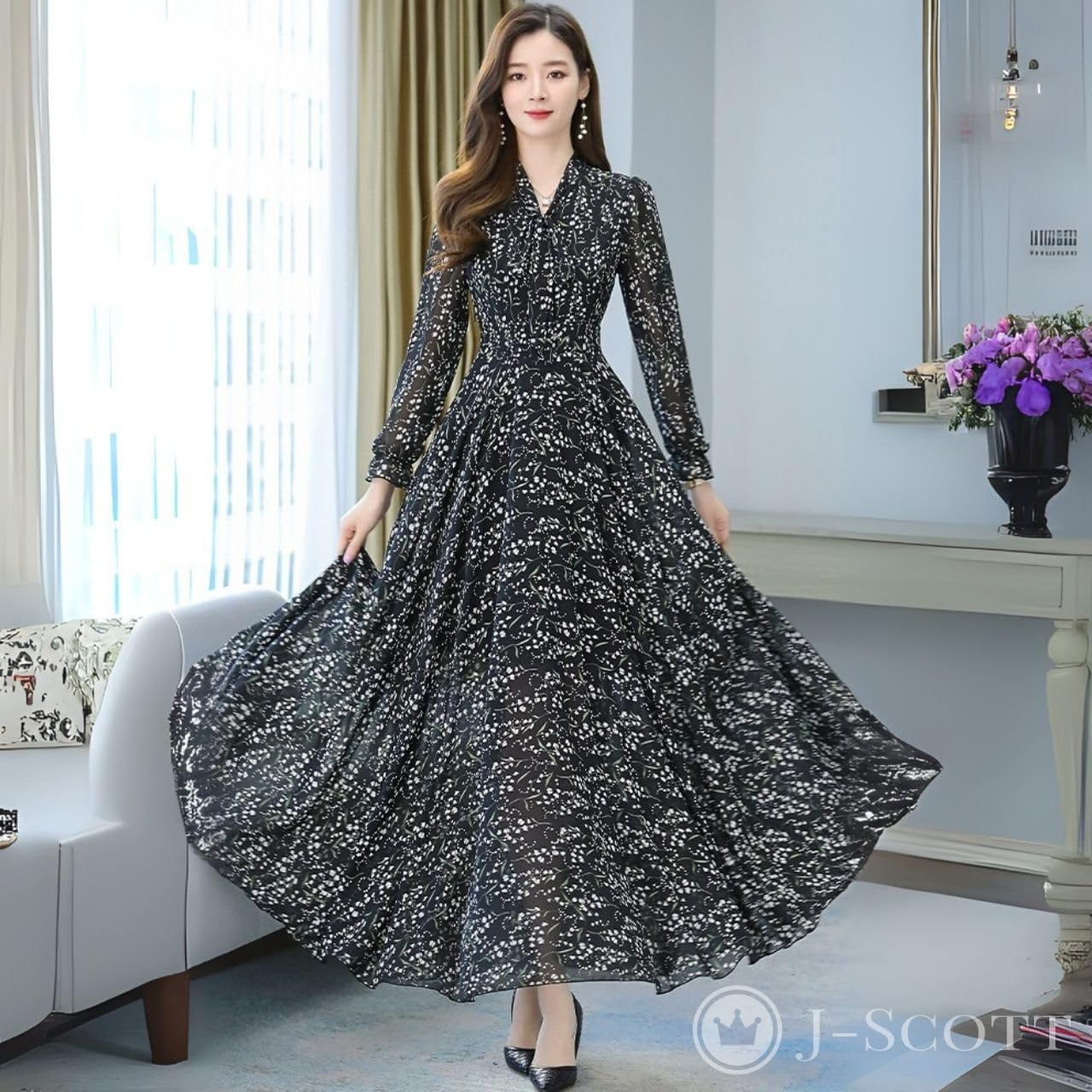 [ジェイスコット] きれいめワンピース 細見え シフォン フレア 花柄 長袖 マキシ丈 大きいサイズ タイネック フォーマル 大人 S〜4XL レディース JS08