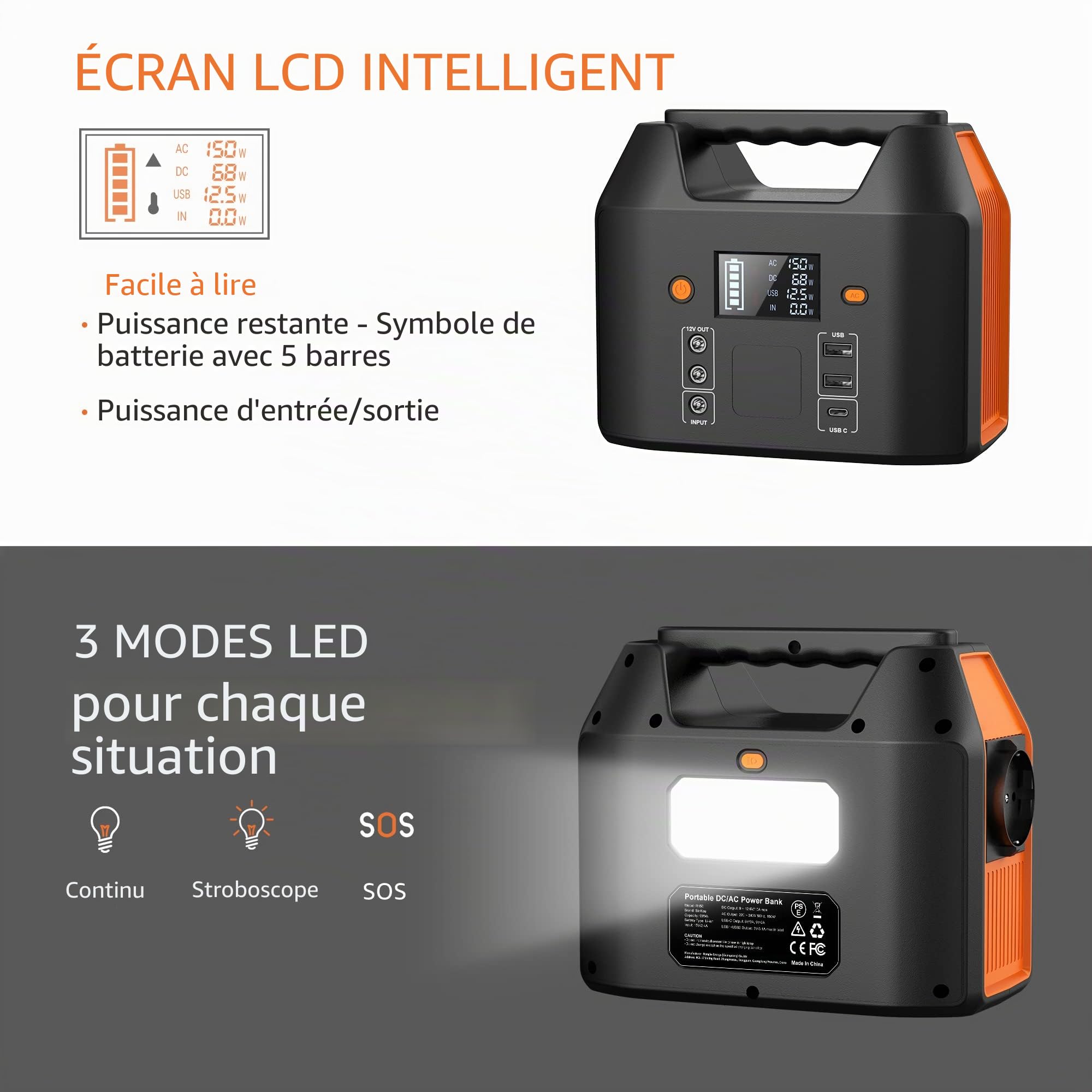 SinKeu Station d'alimentation portable 99 Wh,Avec prise 230 V/150 W,Port d'éclairage de voiture,Sortie USB, le camping, le camping-car et comme groupe d'alimentation de secours (noir)