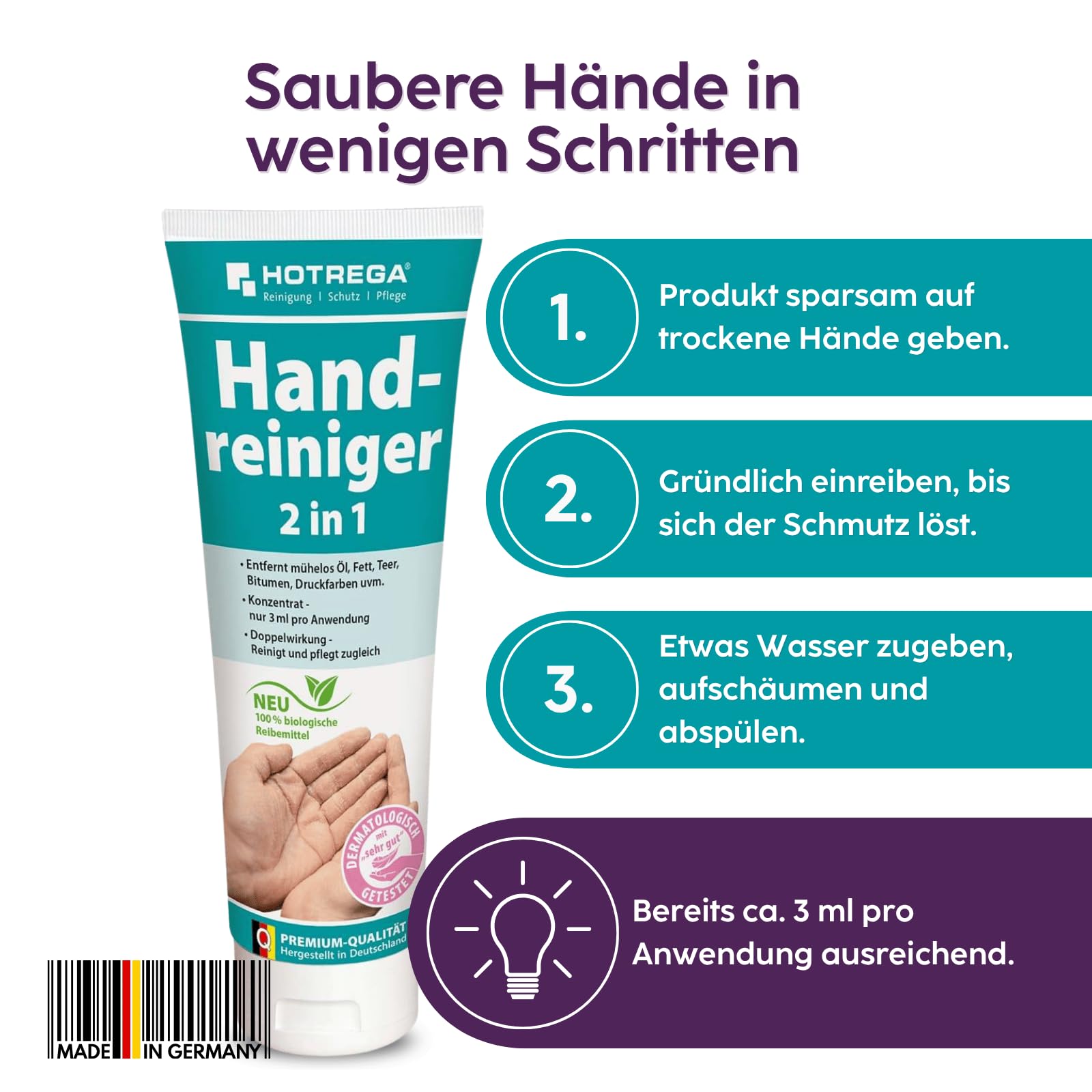 HOTREGA Handreiniger 2in1 4x 250ml | Profi Handwaschpaste mit Rückfettung | Hautschonend gegen Öl & Fett | Natürliches Reibemittel aus Maismehl | pH-hautneutral & ohne Mikroplastik | 1000ml Vorrat