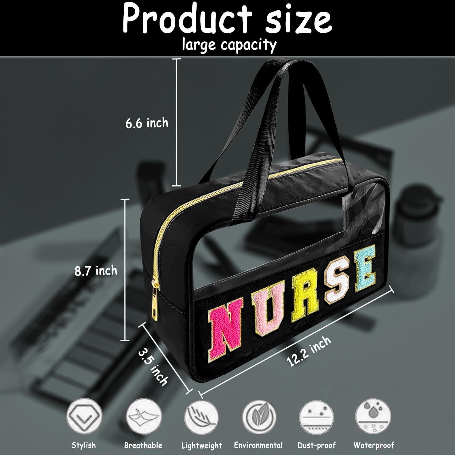Chenille Letter Clear Makeup Bag Nurse Patch, Travel Toiletry Makeup Bag with Handle, Nylon Waterproof Makeup Bags clear cosmetic bag, preppy patch makeup bag for Women (NURSE-Black) - Image 2