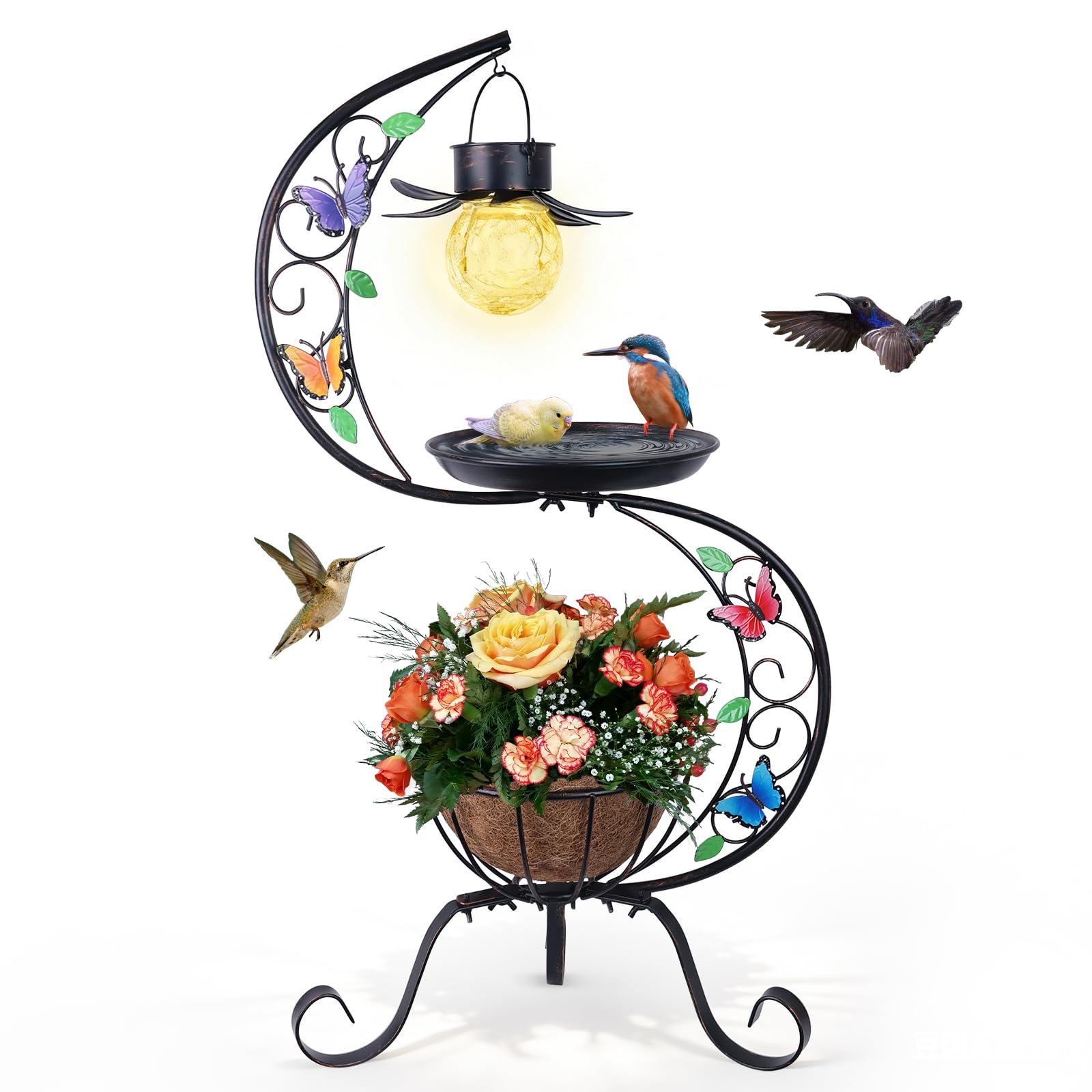 hogardeck Vogeltränke für Außen mit Solarlampe, Metall-Vogeltränke für den Außenbereich mit Blumen-Pflanzgefäß-Sockel, Vintage-Vogeltränke für Garten, Hof, Terrasse, Rasen-Dekor