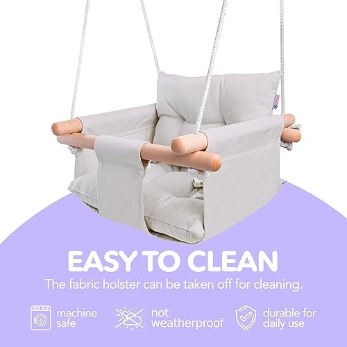 Miniatura 51 de CaTeam - Columpio de lona para bebé, silla colgante de madera con cinturón de seguridad, columpio duradera para bebé, columpio para exteriores e Azul