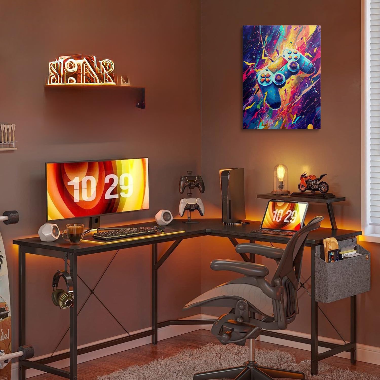 Gaming Controller Wall Art Canvas Framed Print Electric Blue Purple Painting Energetic Gamer Wall Decor Artwork Poster Video Game Room Decor for Boys Bedroom Teen Room Vibrant Dynamic 12x16 Inches