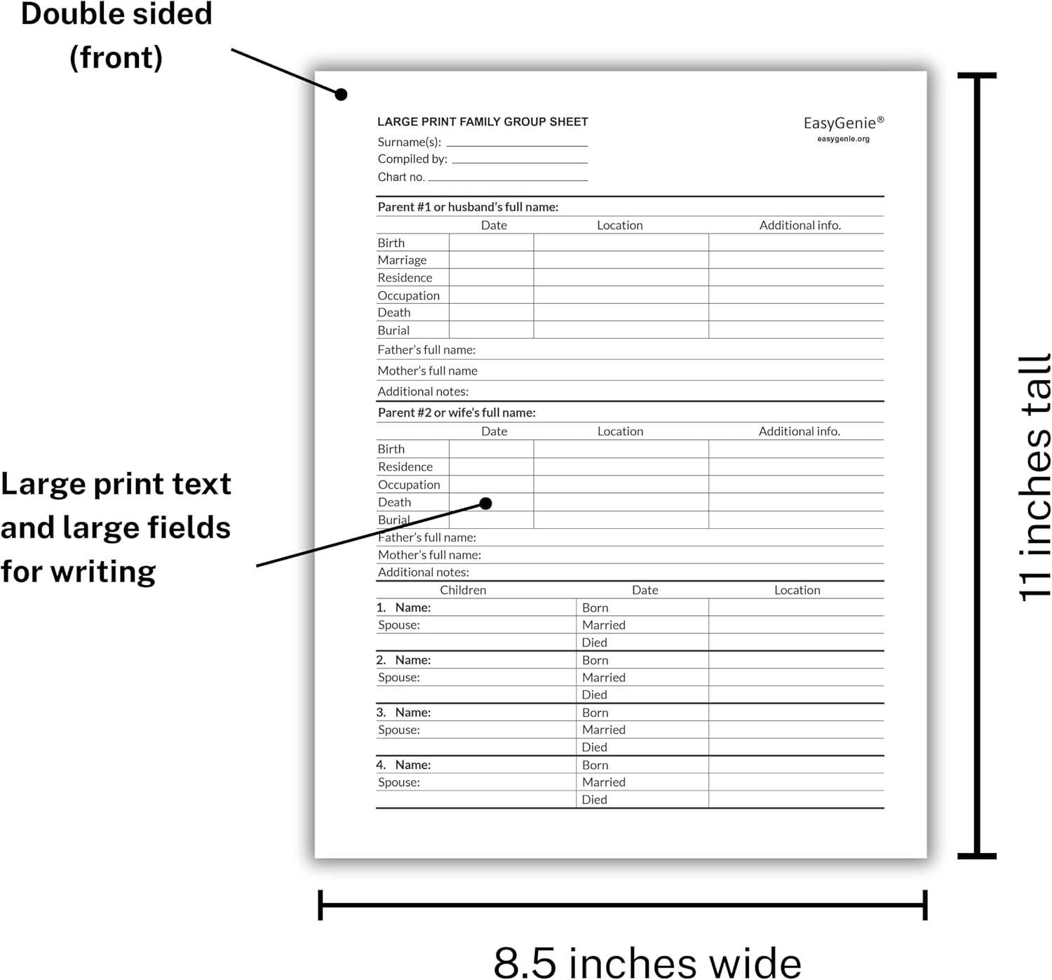 LARGE PRINT Two-Sided Family Group Sheets (30 Sheets) by EasyGenie | Archival-Quality Blank Genealogy Forms To Fill In