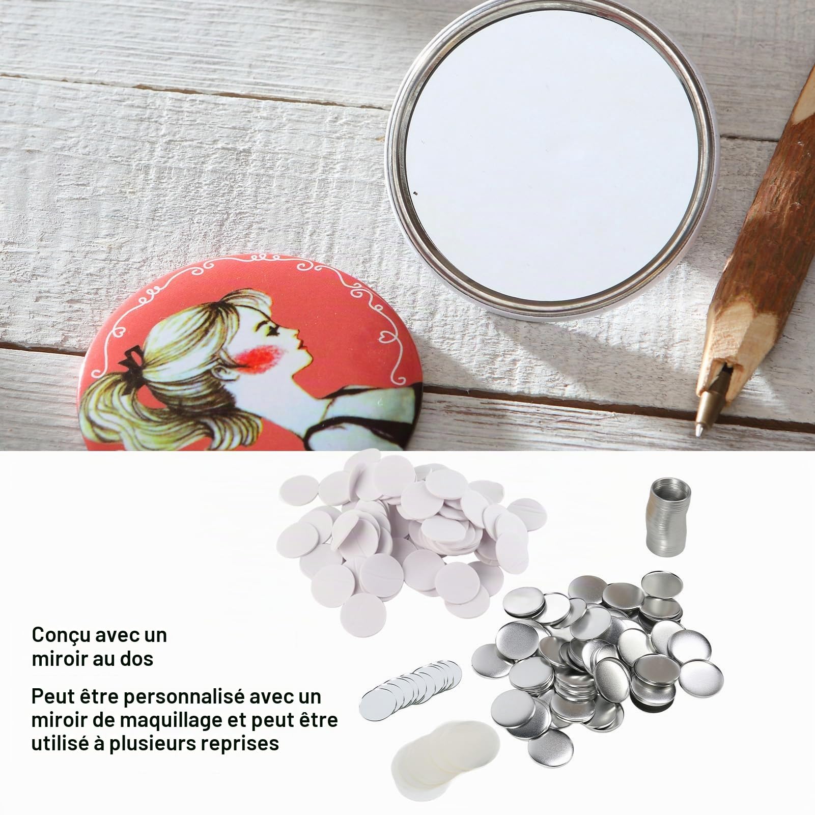 Boutons de miroir ronds, pièces de fabricant de miroirs badges matériaux consommables 58 mm grands boutons en fer pour pièces, bricolage, créations artisanales